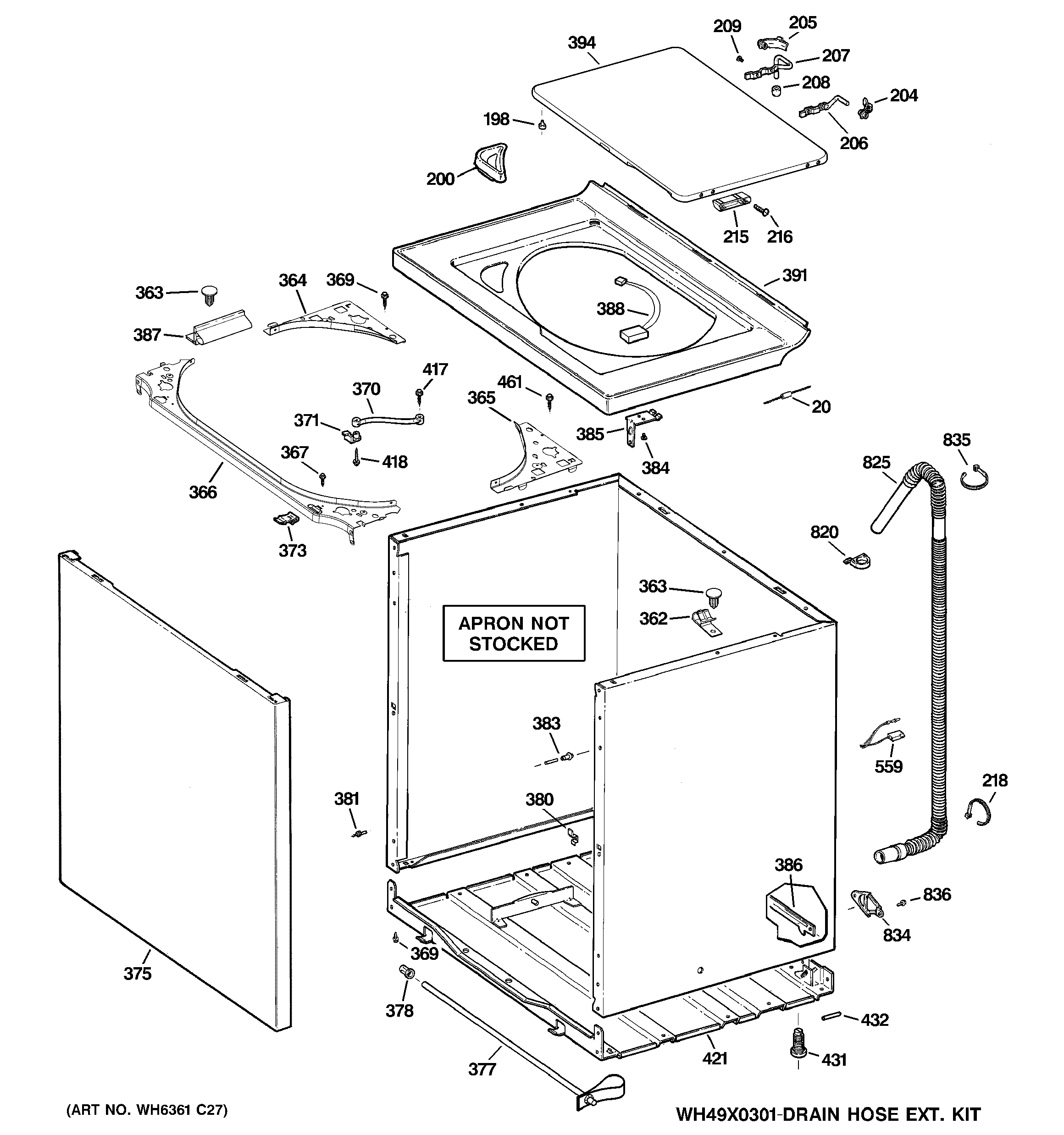 GE GJSR4160H5WW cabinet, cover & front panel diagram