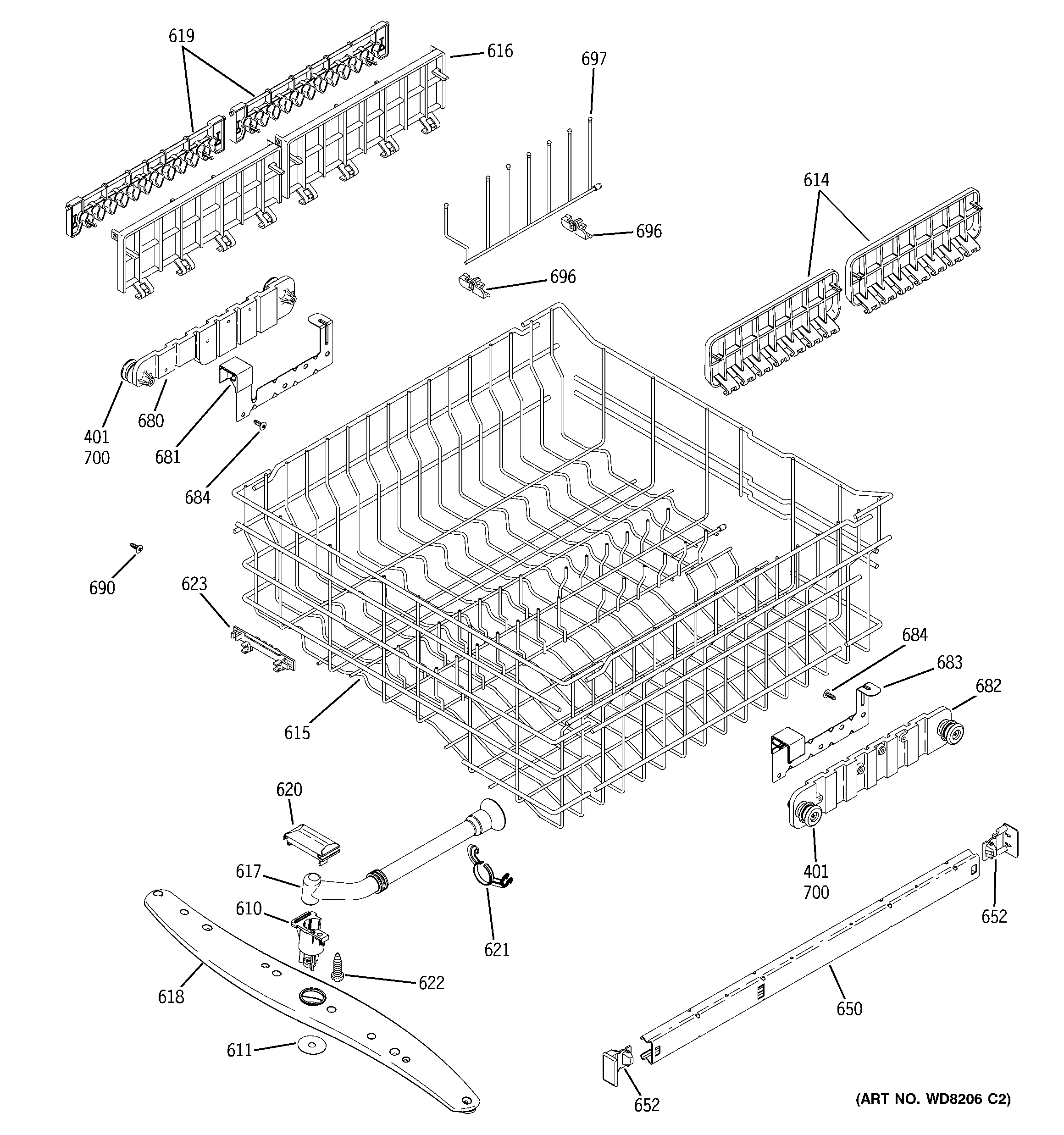 GE GLD6710N25SS upper rack assembly diagram