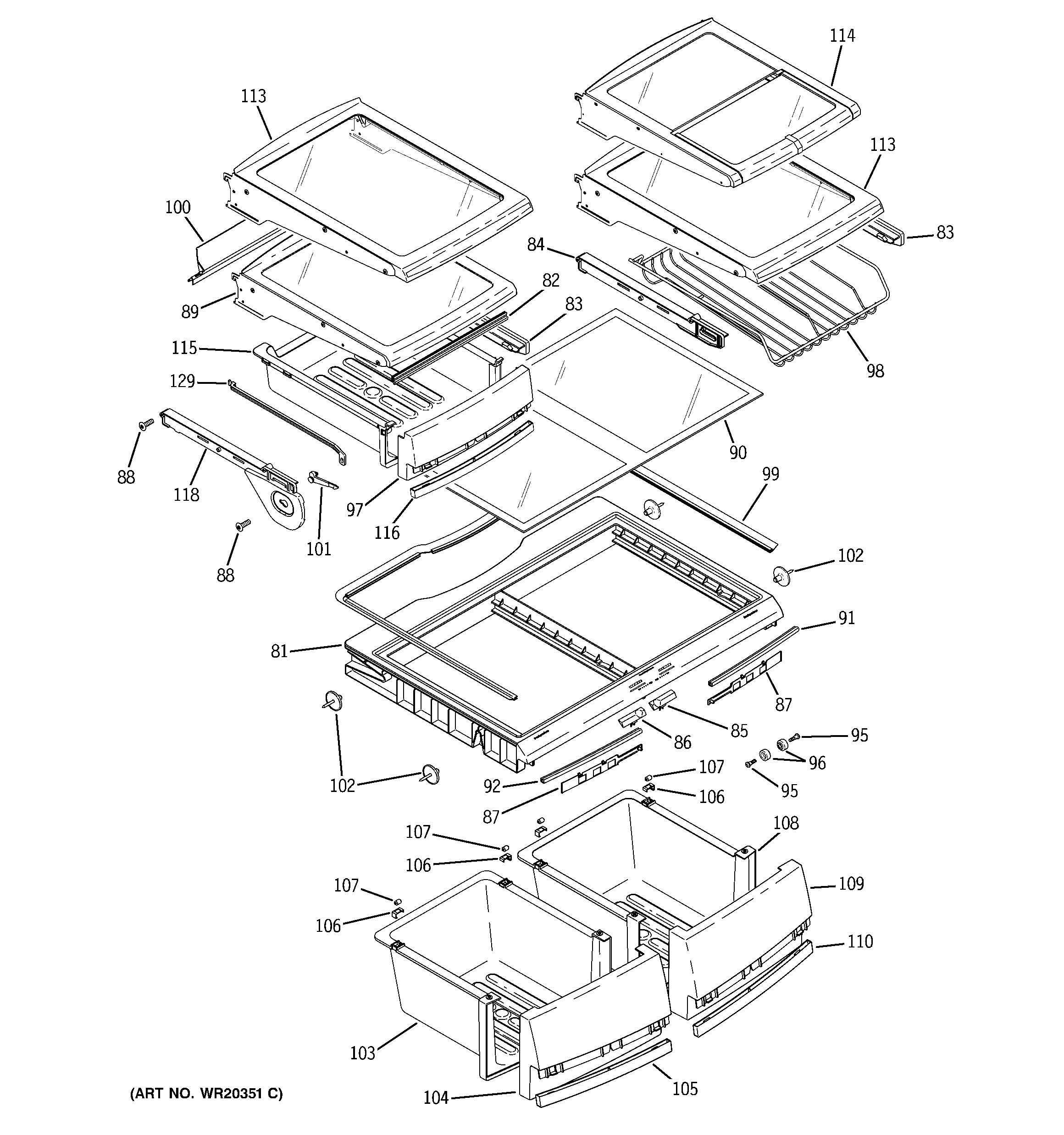 GE PDSS0MFYCRSS fresh food shelves diagram