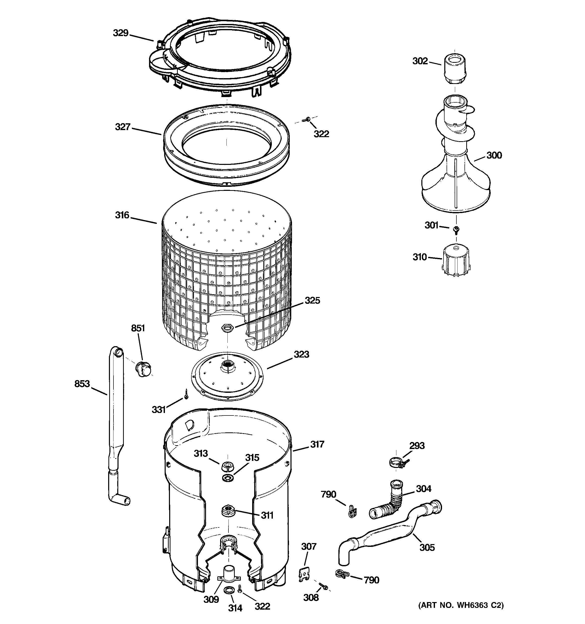 Hotpoint VBSR3100G4WW tub, basket & agitator diagram
