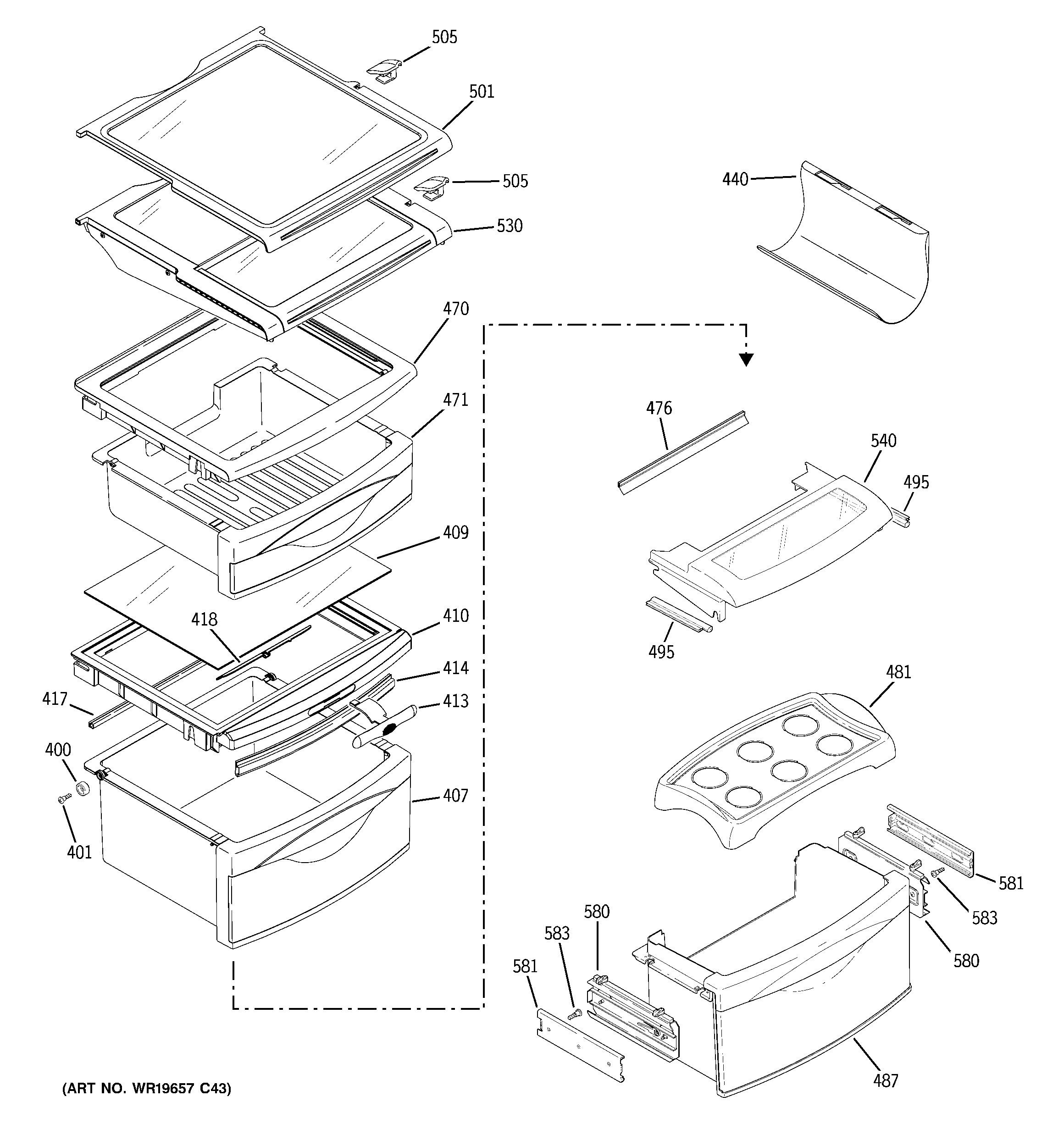 GE ZFSB23DRHSS fresh food shelves diagram