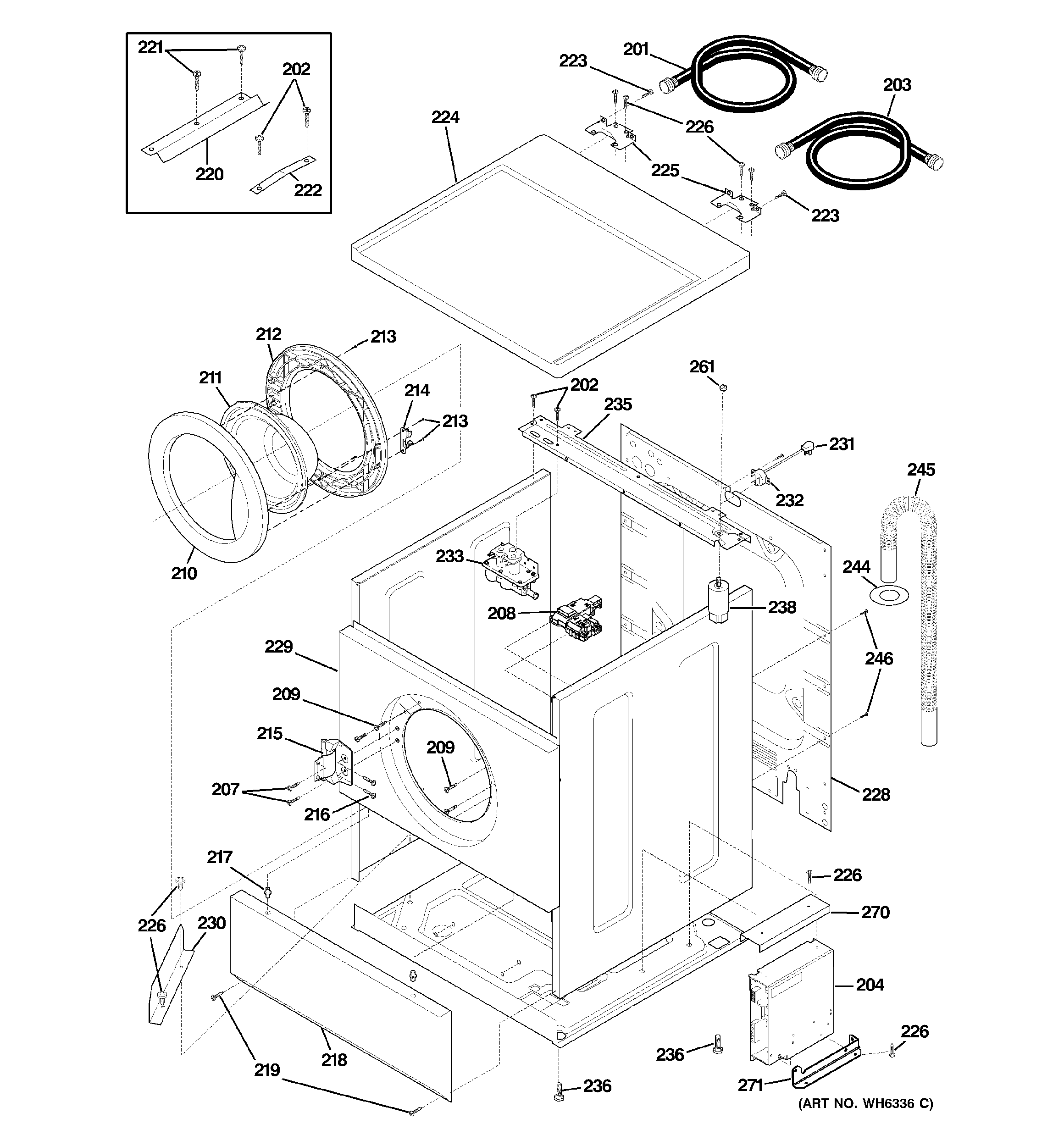 GE WSXH208H2WW cabinet, door & lid diagram