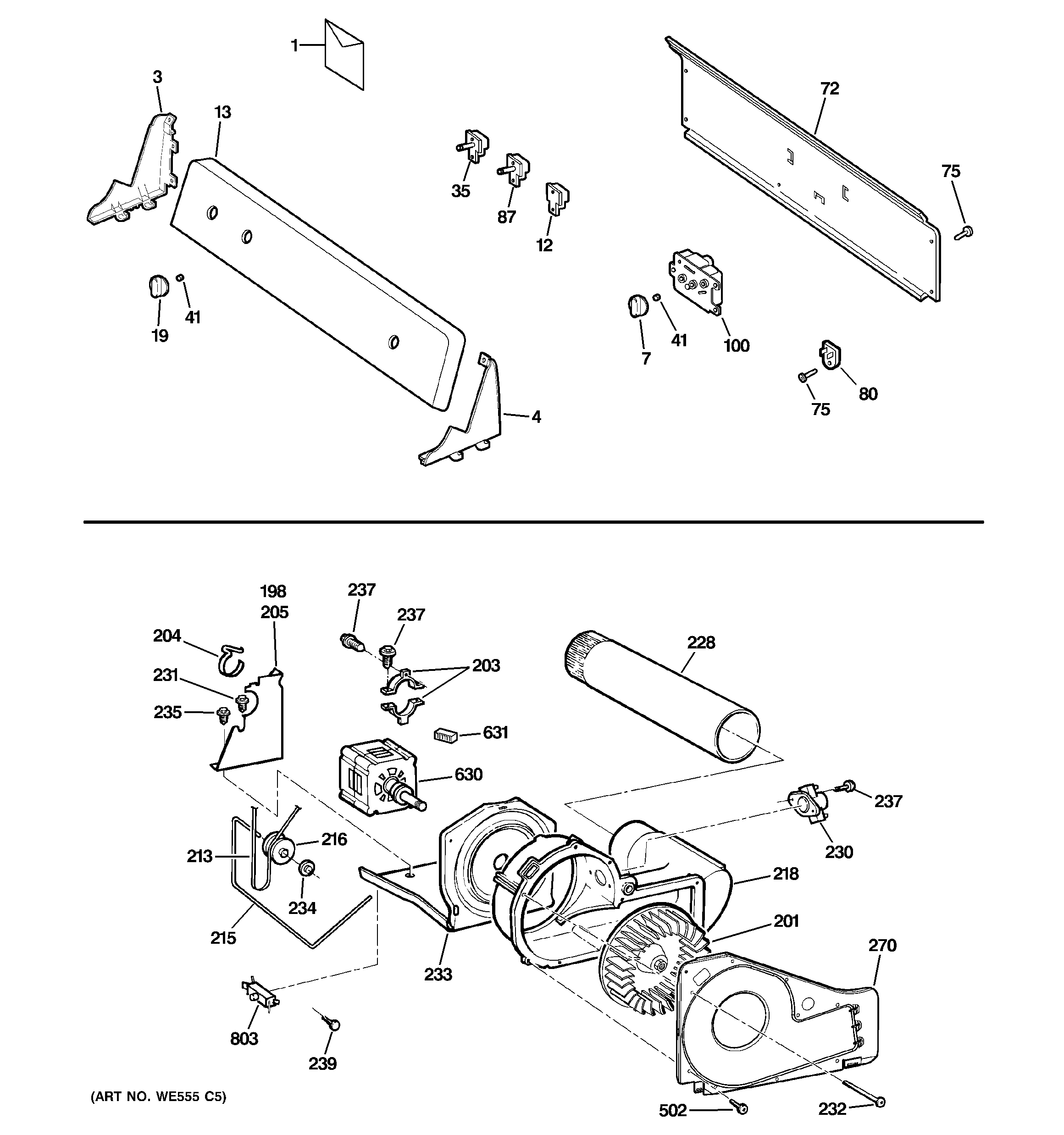 GE DHDSR46EG7WW backsplash, blower & motor assembly diagram