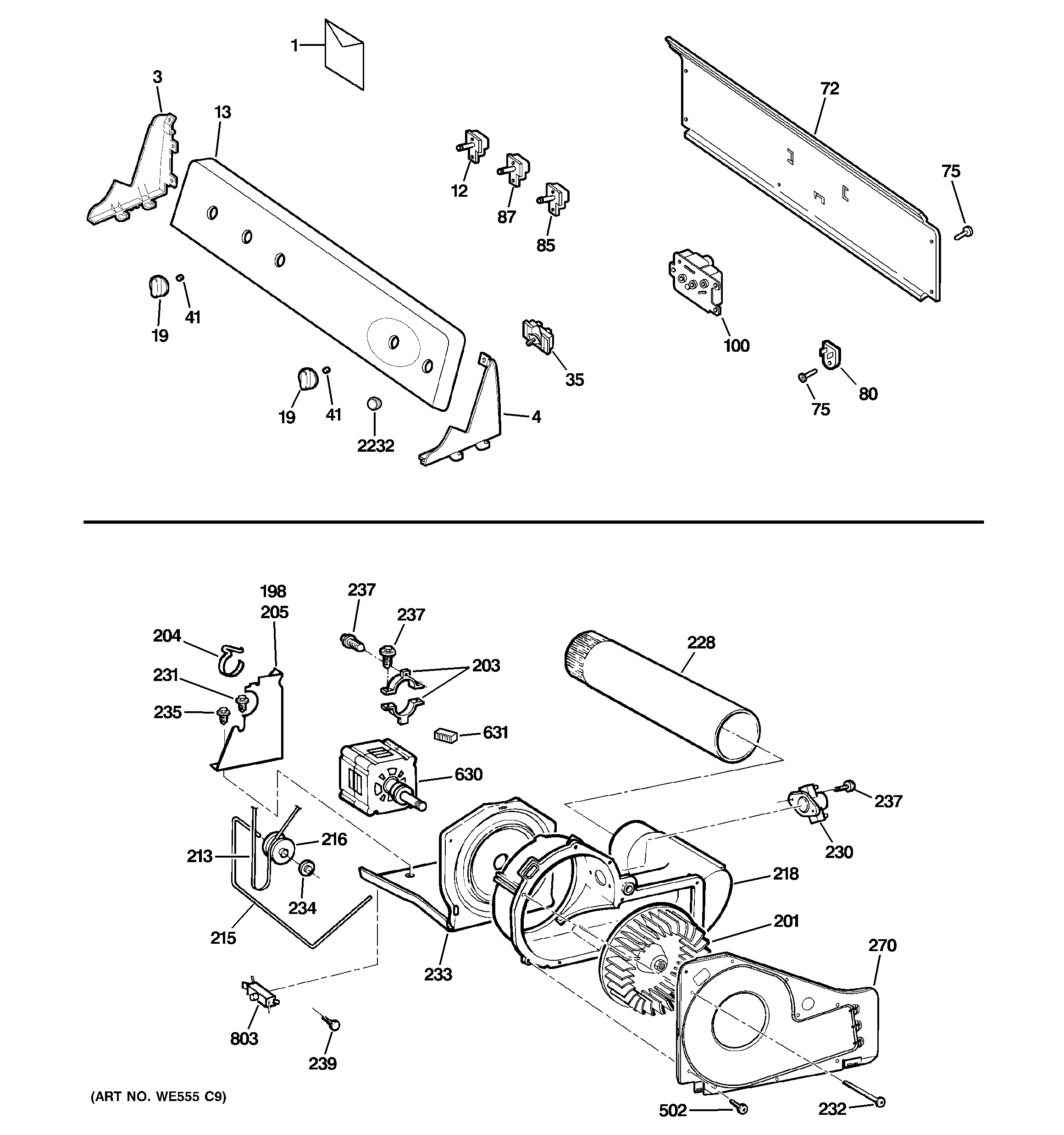 GE DWXR463EG7WW backsplash, blower & motor assembly diagram