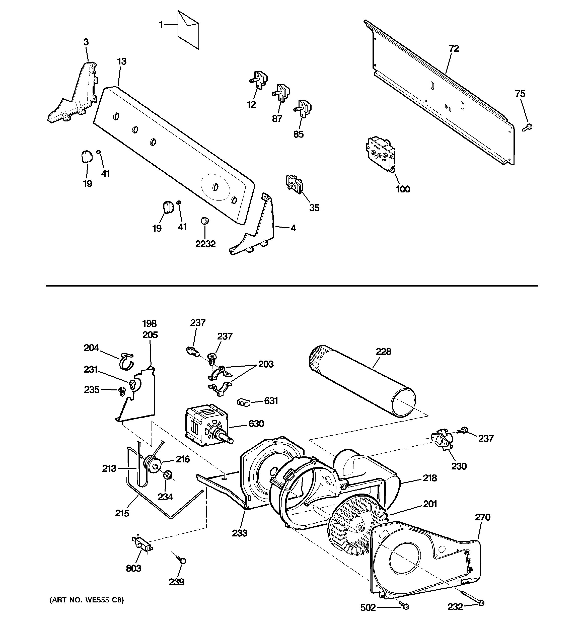 GE DWXR463GG8WW backsplash, blower & motor assembly diagram