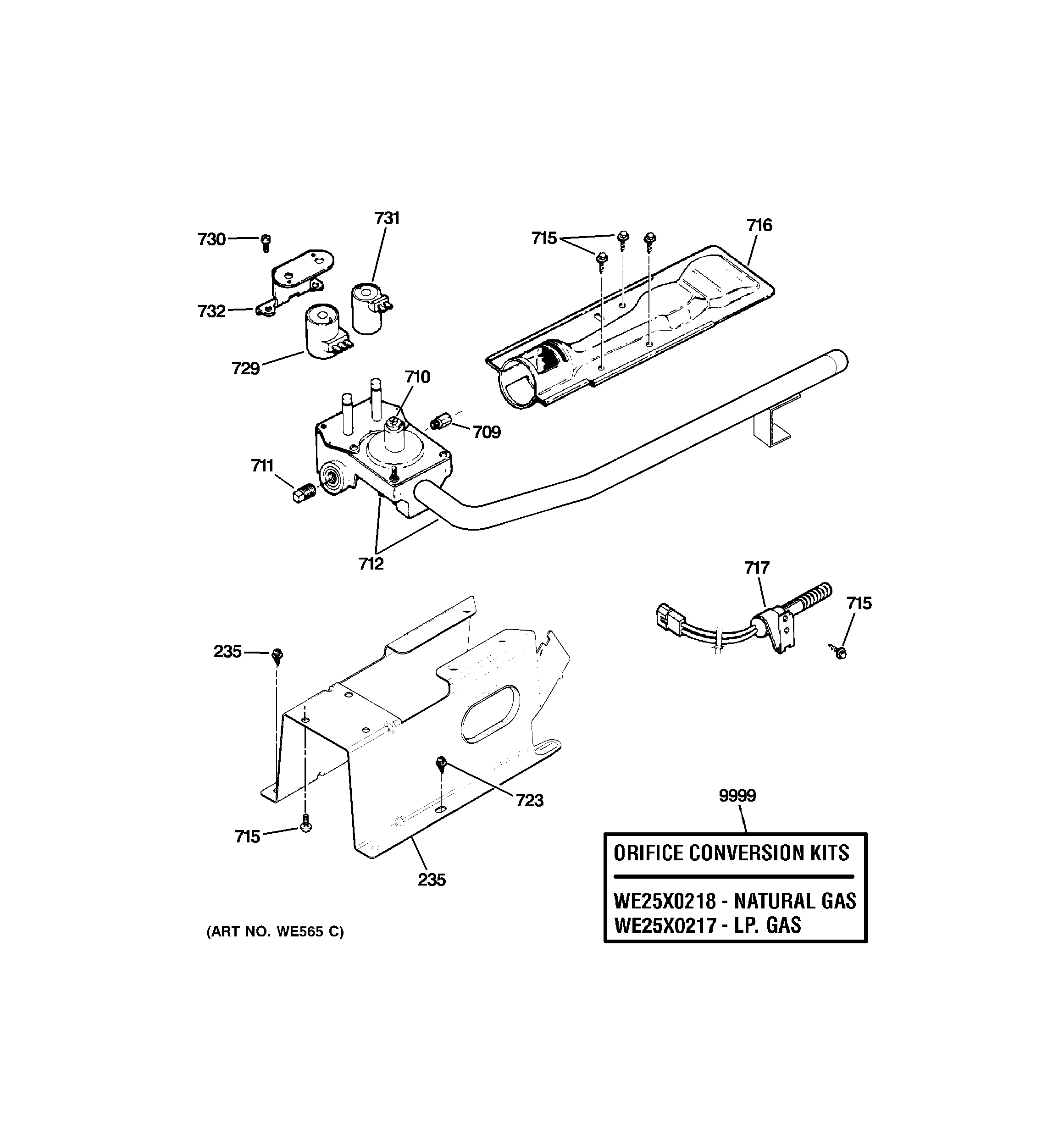 GE DWXR463GG8WW gas valve & burner assembly diagram