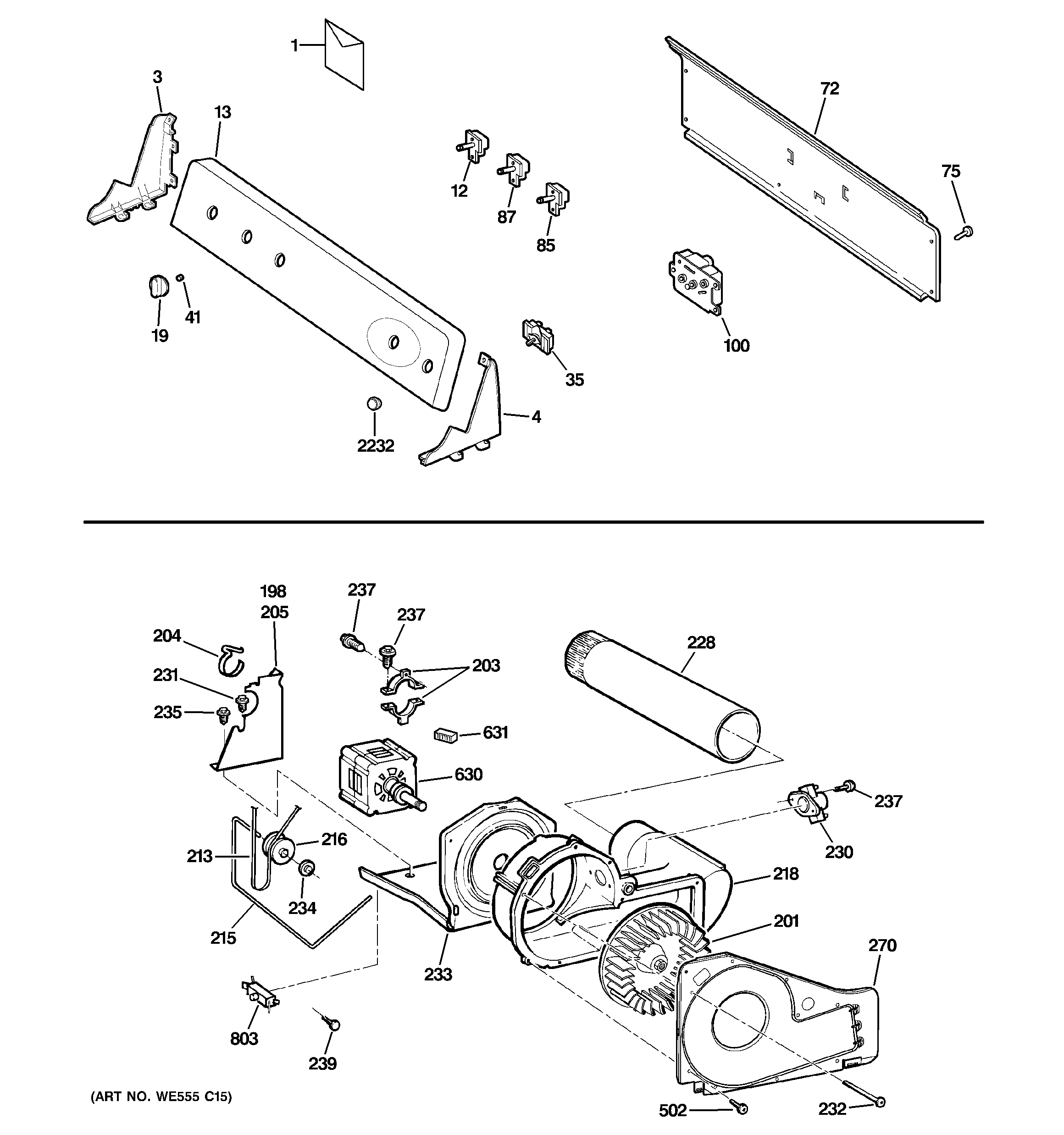 GE EGD5600G8WW backsplash, blower & motor assembly diagram