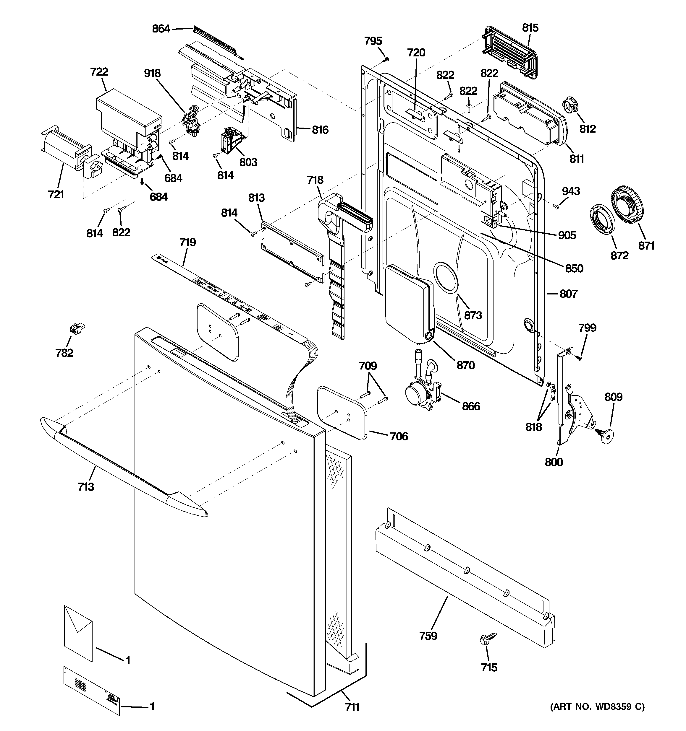 GE GDWT300R10BB escutcheon & door assembly diagram