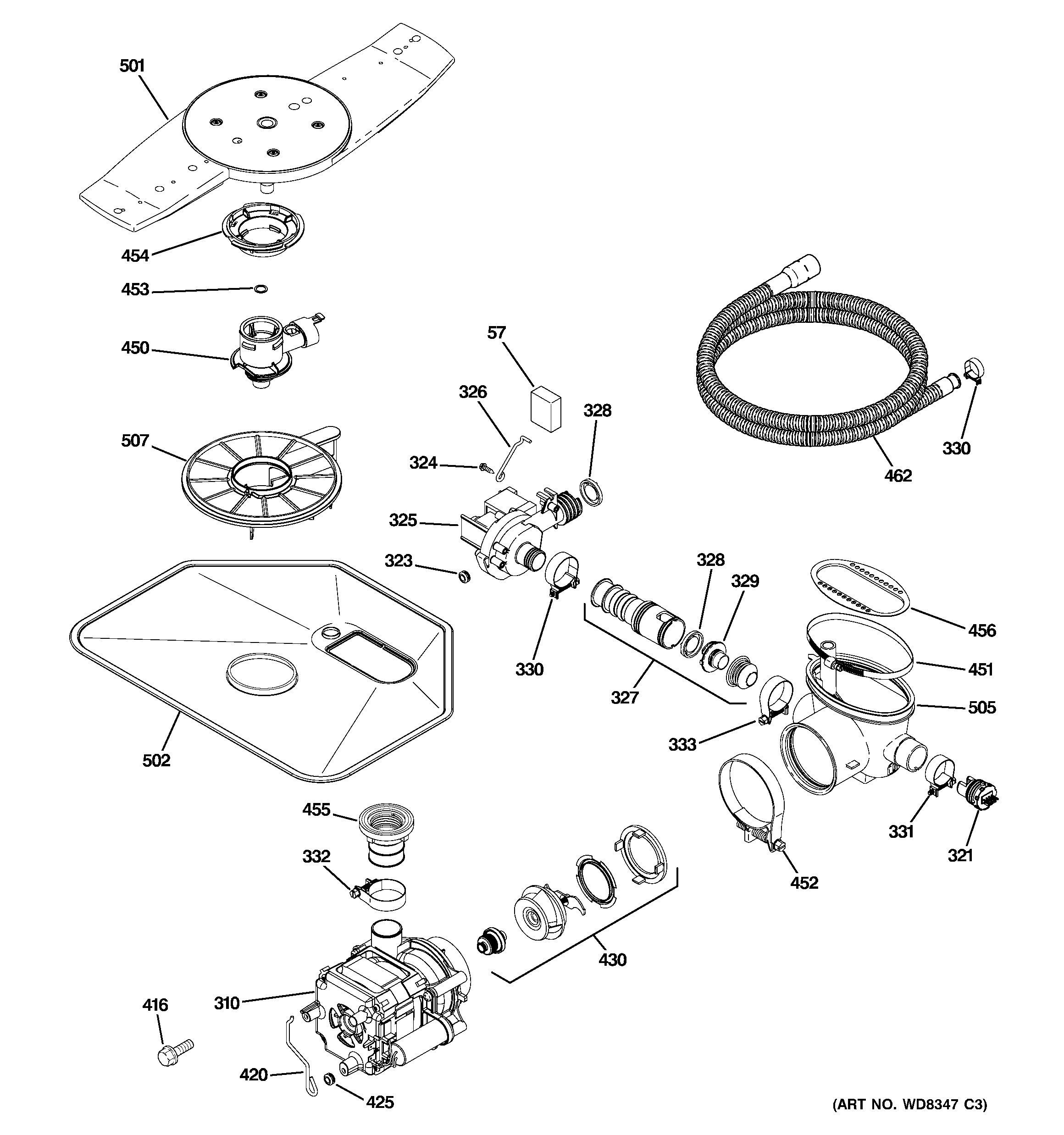 GE GDWT300R10BB motor-pump mechanism diagram