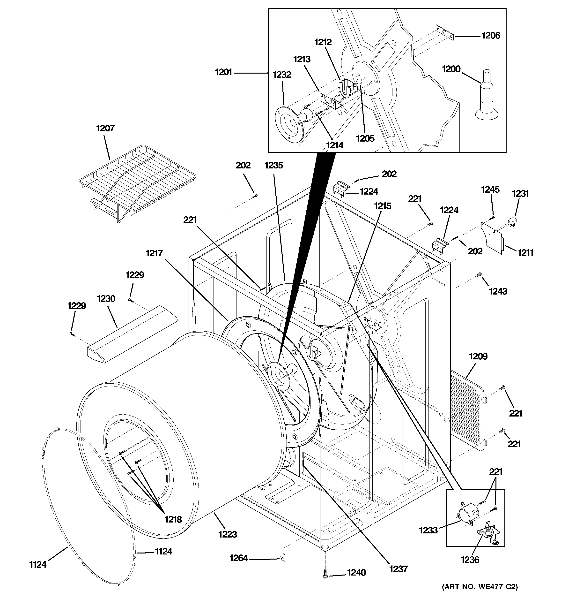 GE DSXH43GF2WW cabinet & drum diagram