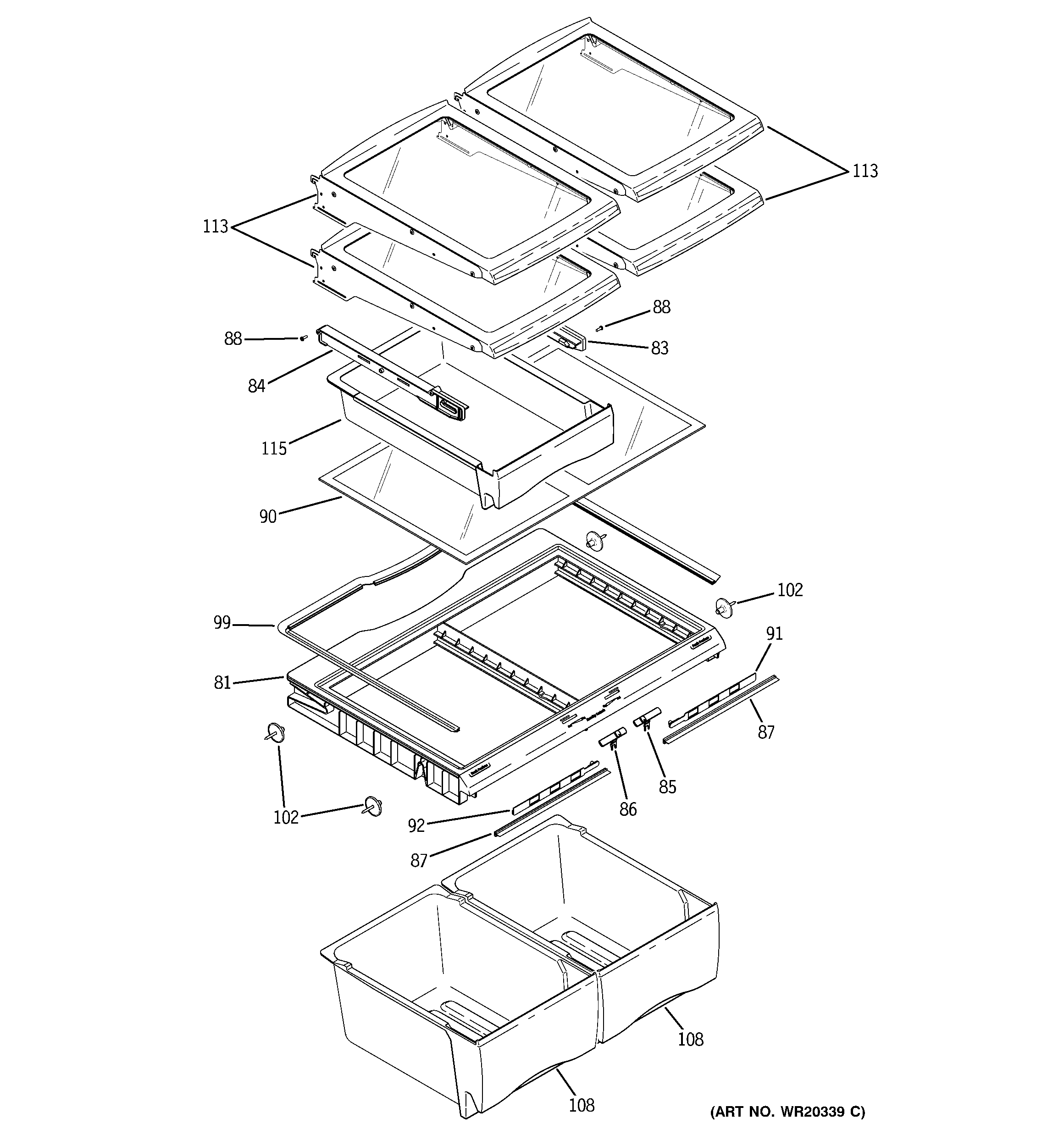 GE GFSL2KEYALS fresh food shelves diagram