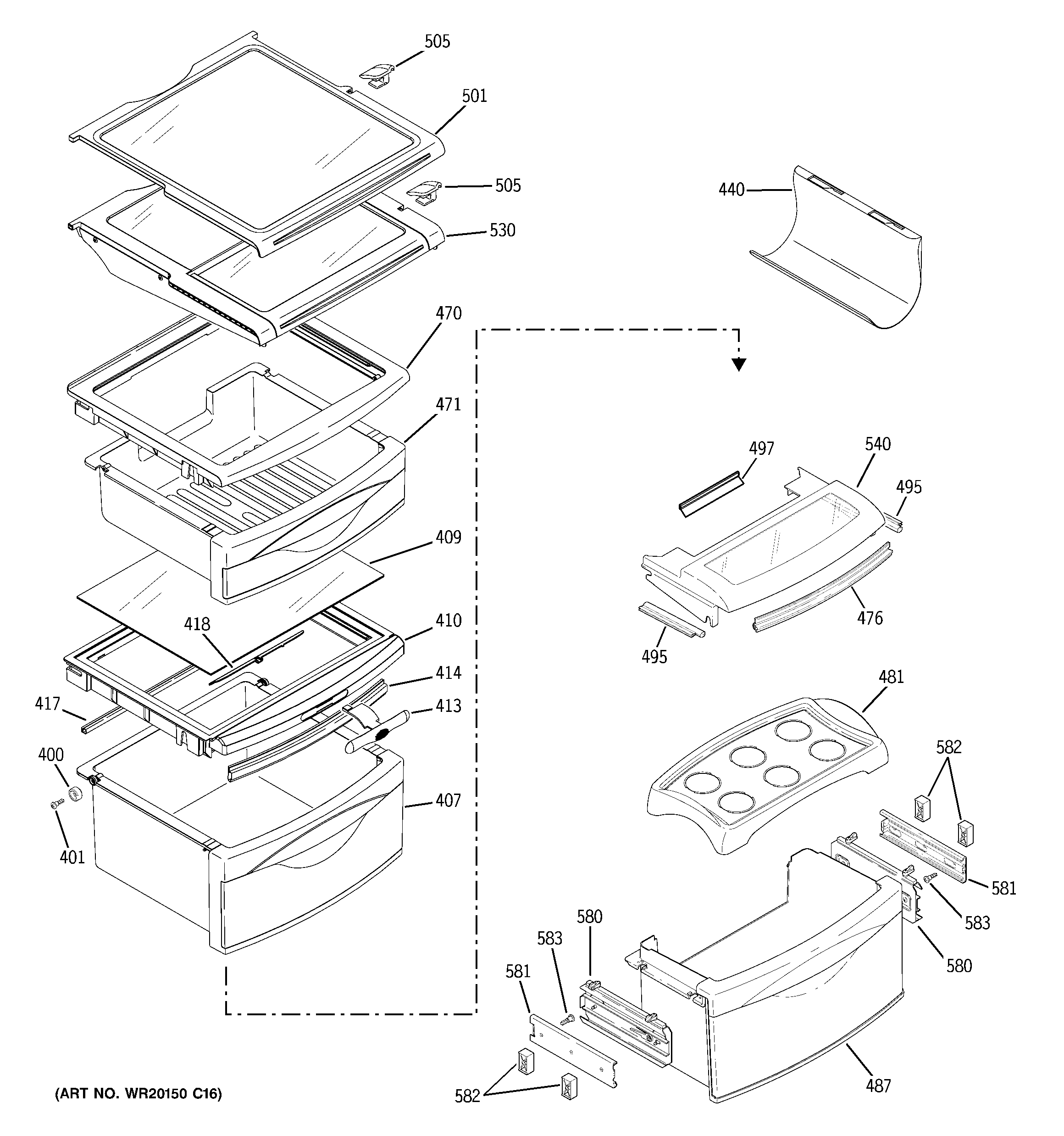 GE GSS25LSWDSS fresh food shelves diagram