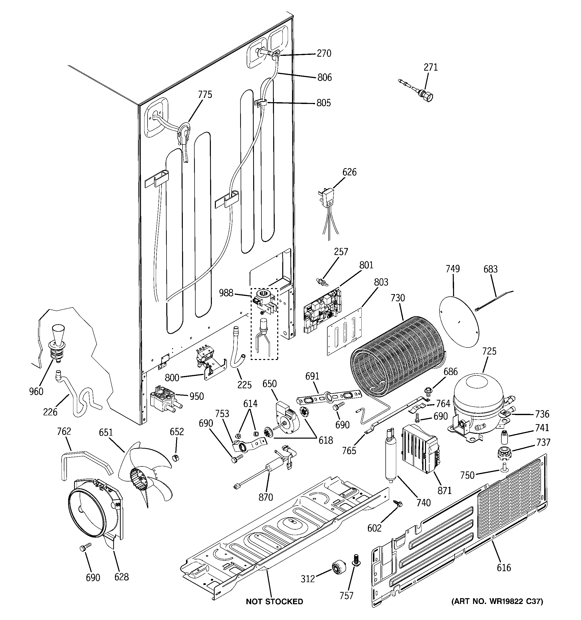 GE PJA25YGXAFSV sealed system & mother board diagram