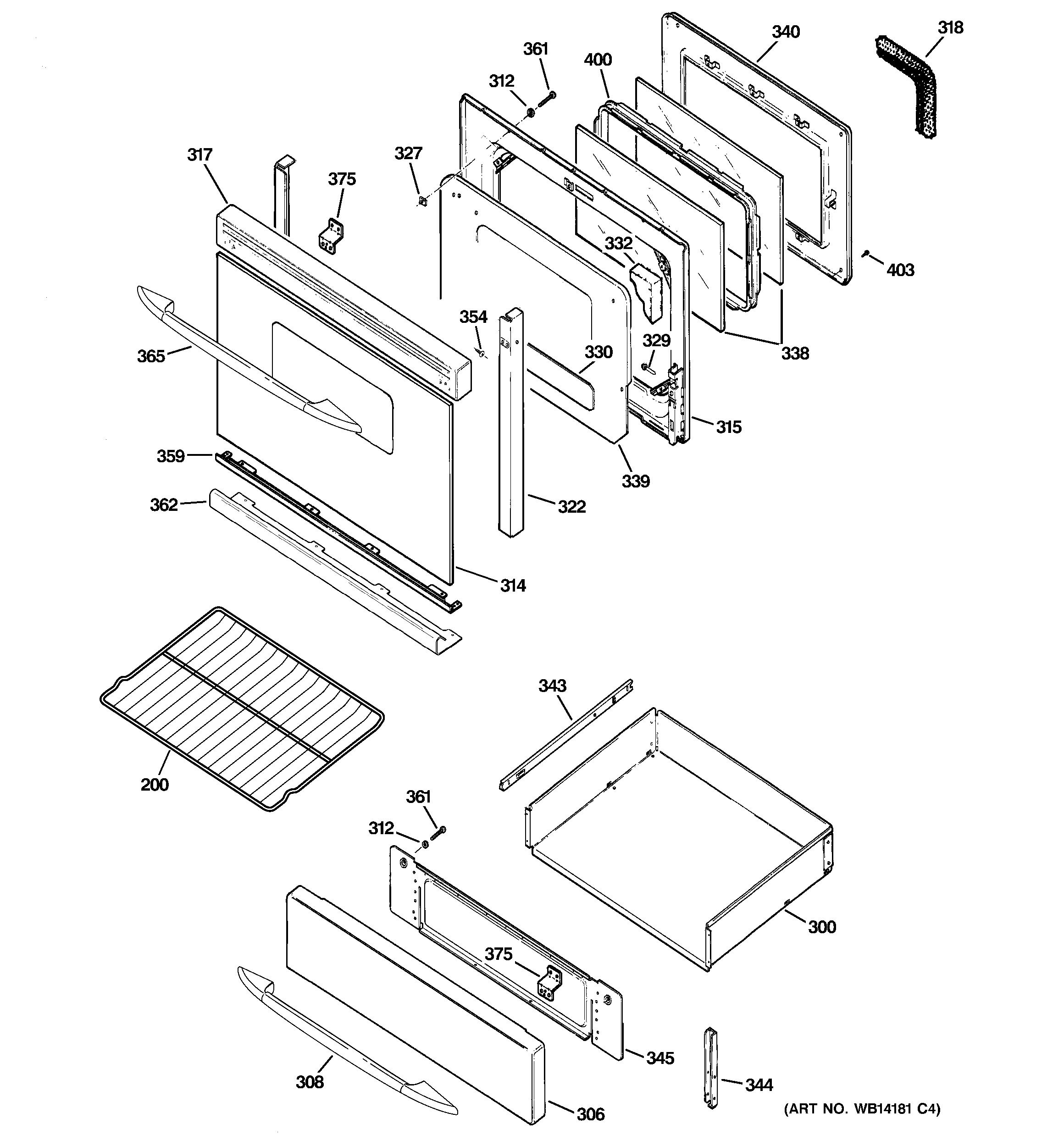 GE PGB900DEM4WW door & drawer parts diagram