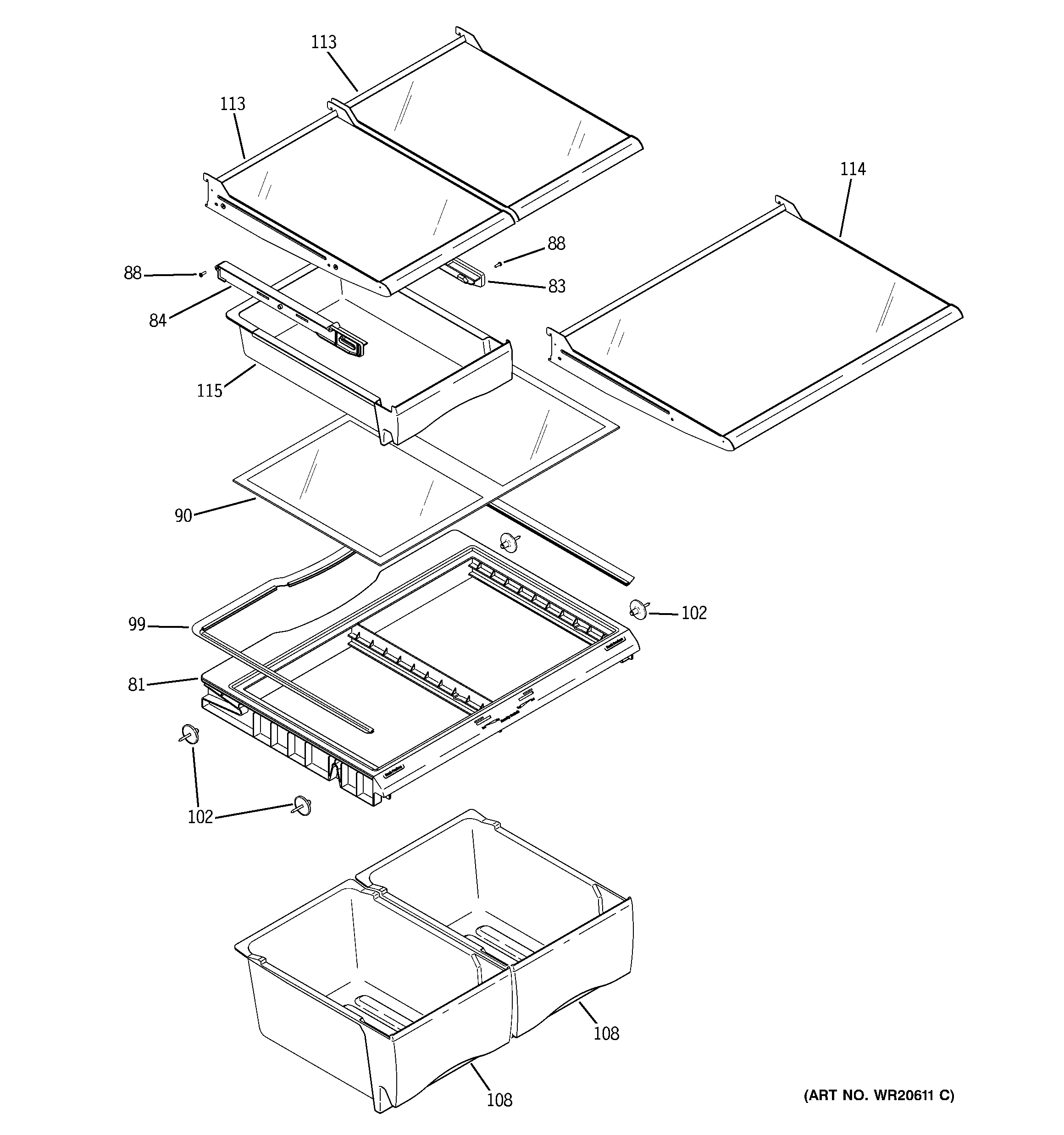 GE GBSC3HBXCRWW fresh food shelves diagram