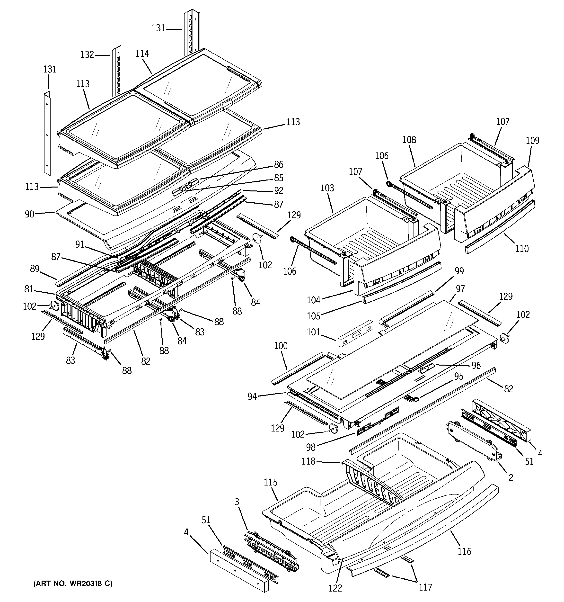 GE PDSE5NBWAJSS fresh food shelves diagram
