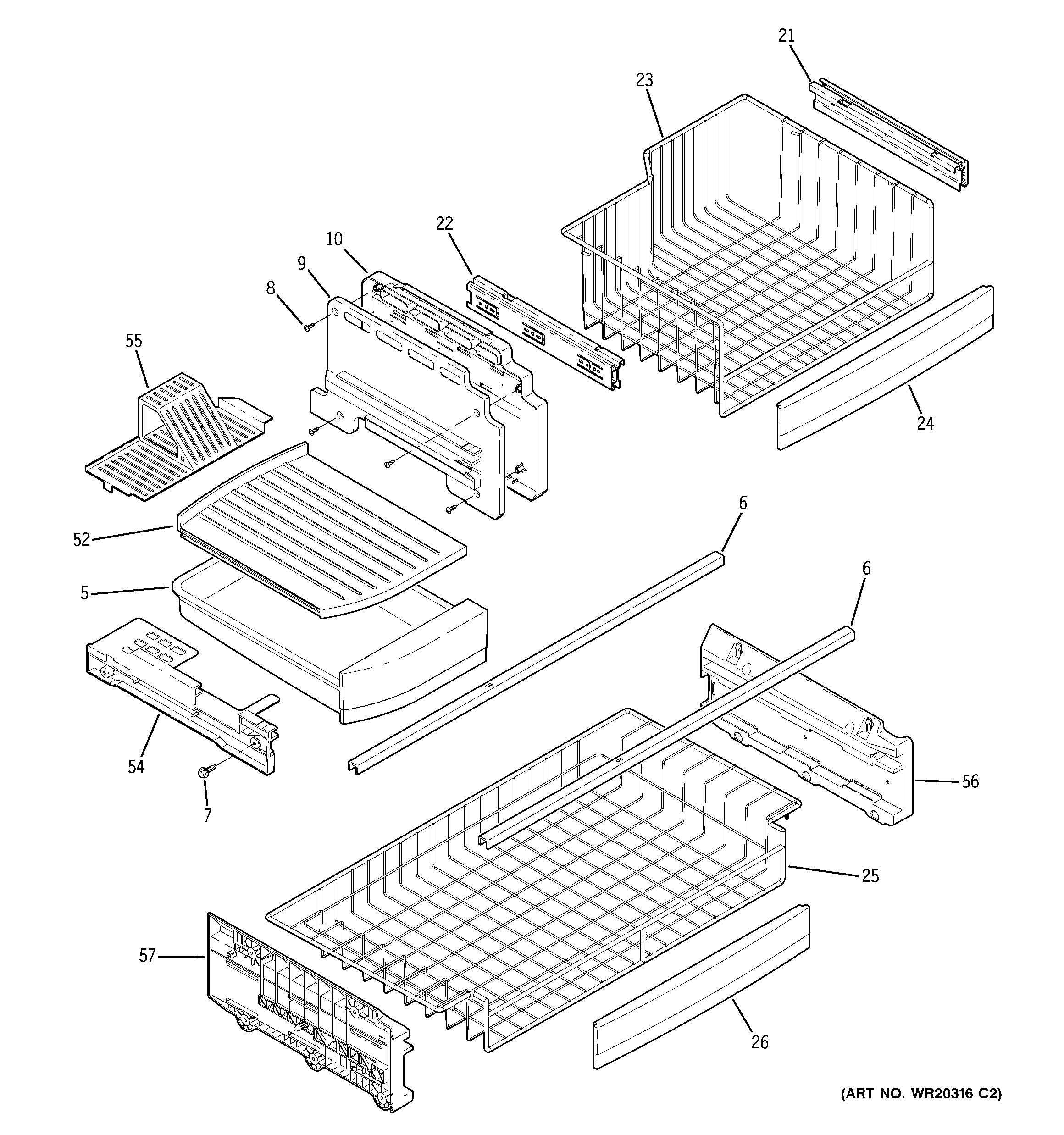 GE PDSE5NBWADWW freezer shelves diagram