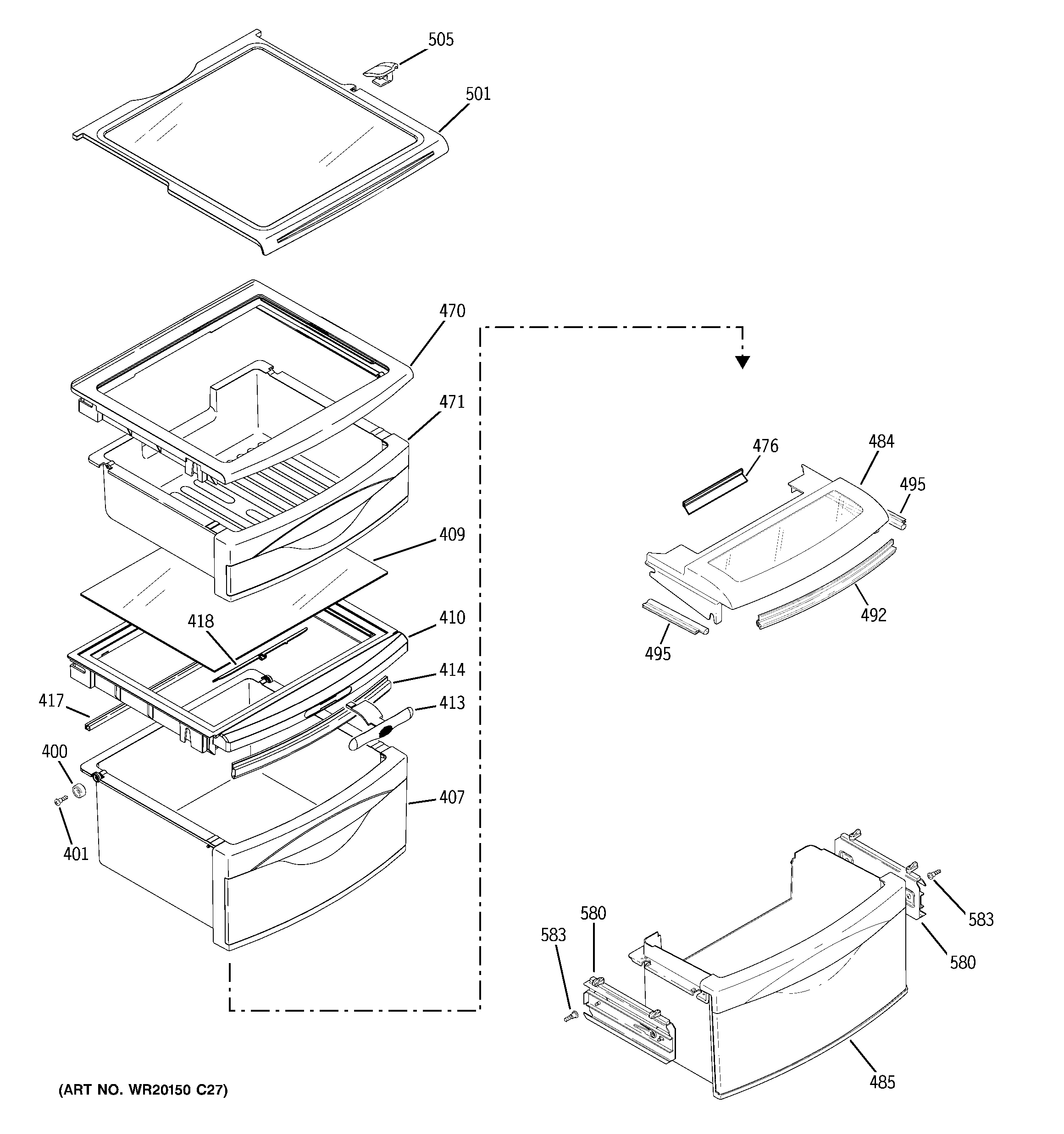 GE GSE29KGYACSS fresh food shelves diagram