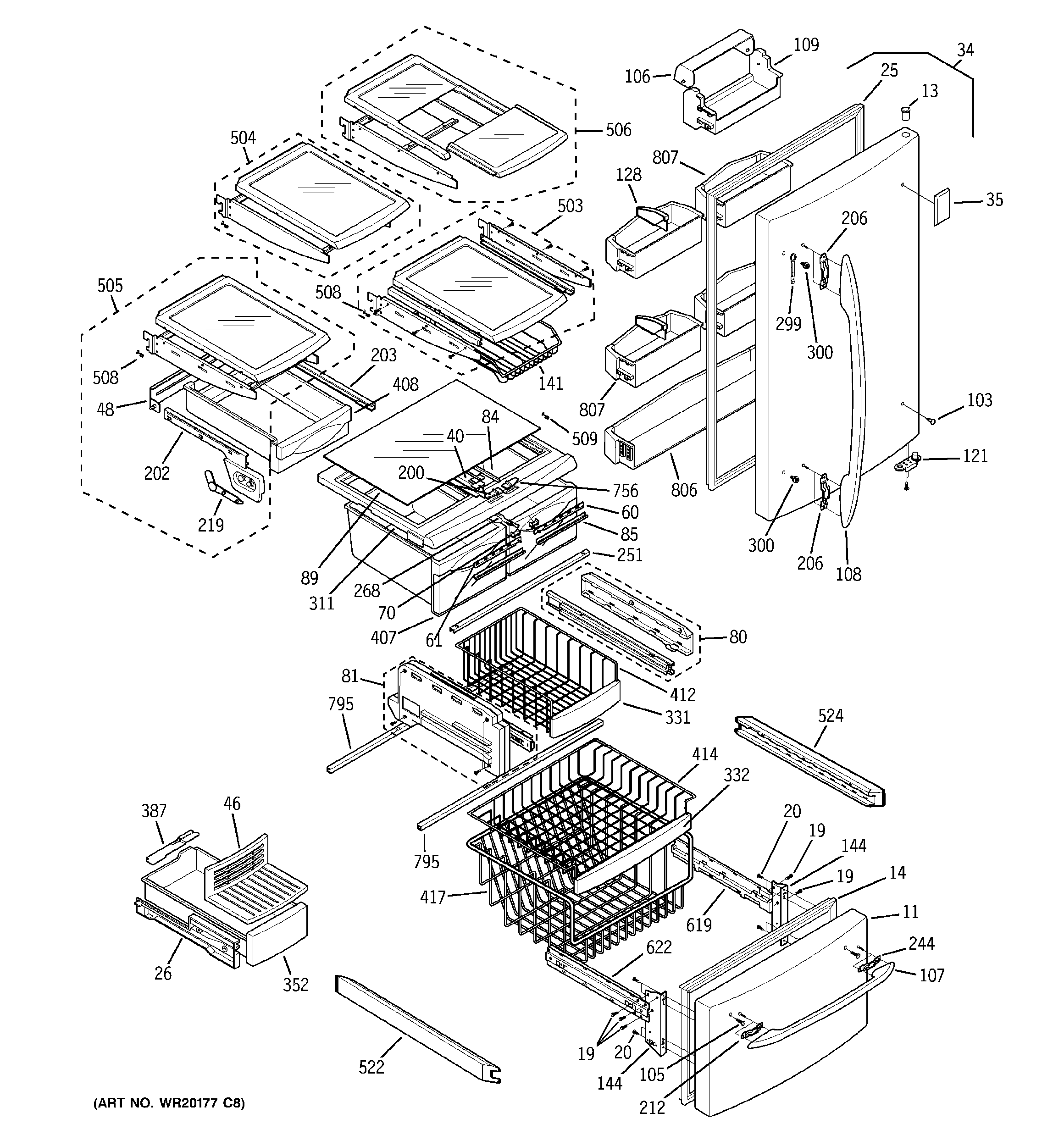 GE PDS22MFWCCC doors & shelves diagram