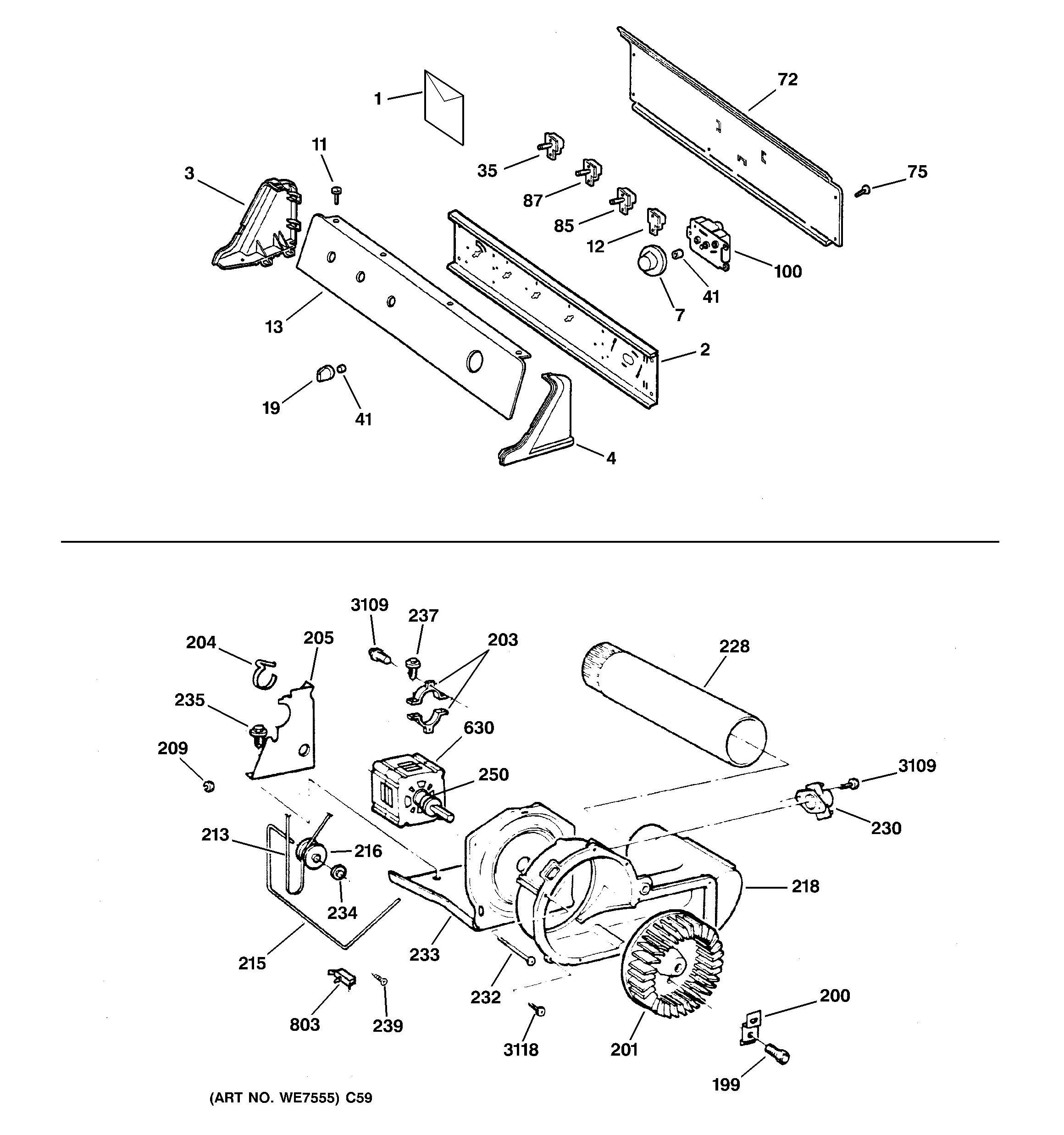 GE DPXR475GW1WW backsplash, blower & motor assembly diagram