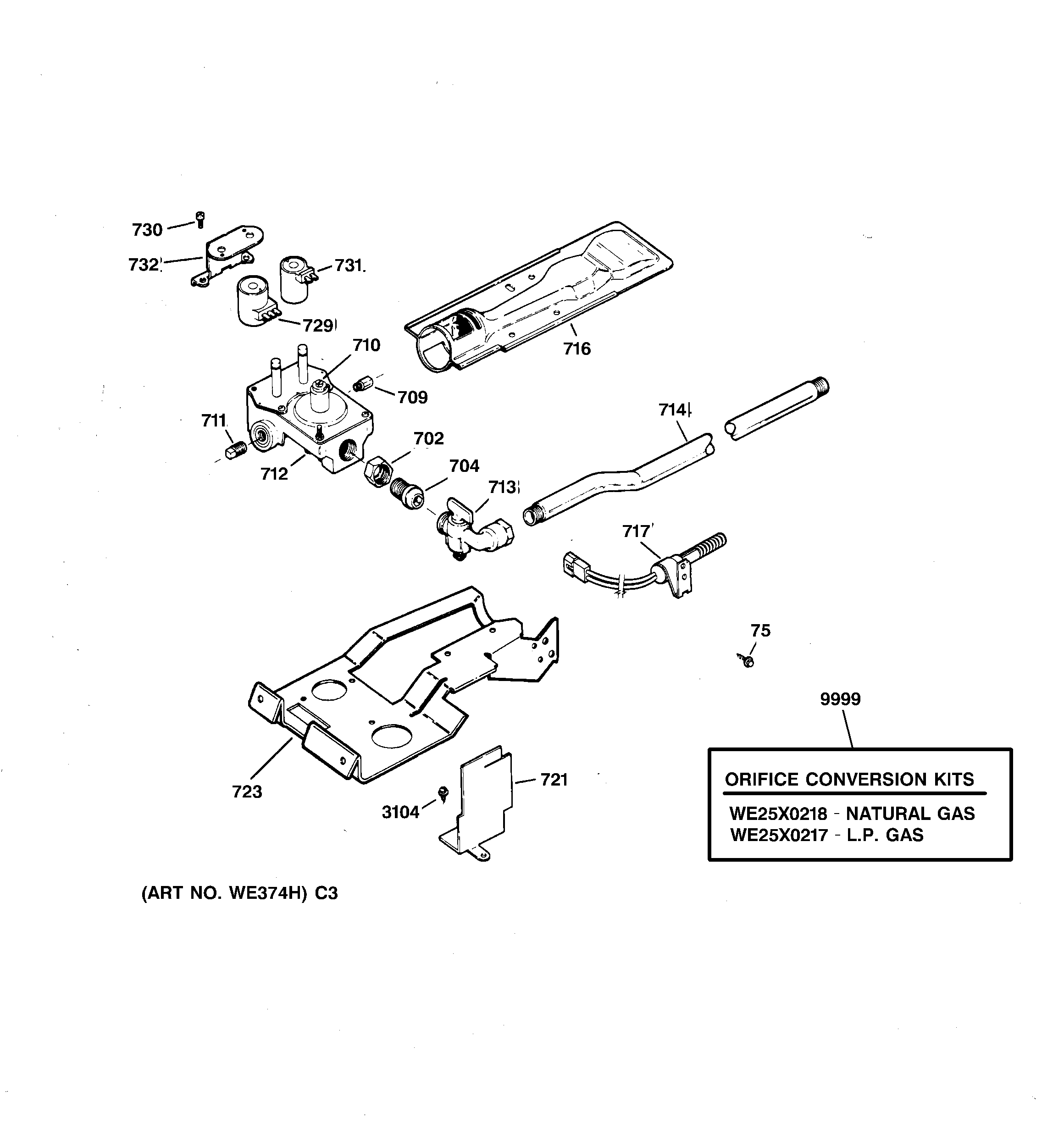 GE DPXR475GW1WW gas valve & burner assembly diagram