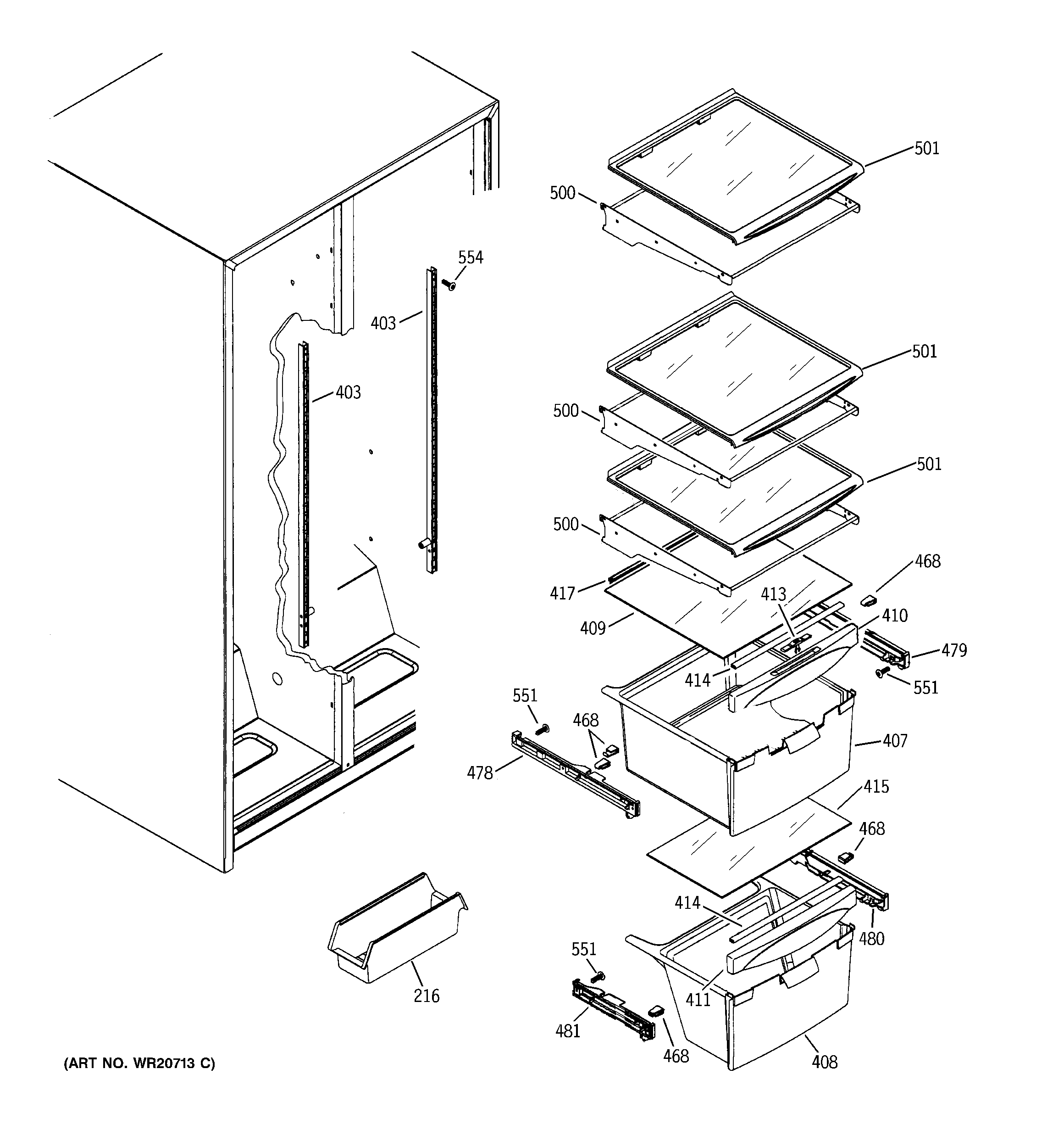 GE GSE25KETNFWW fresh food shelves diagram