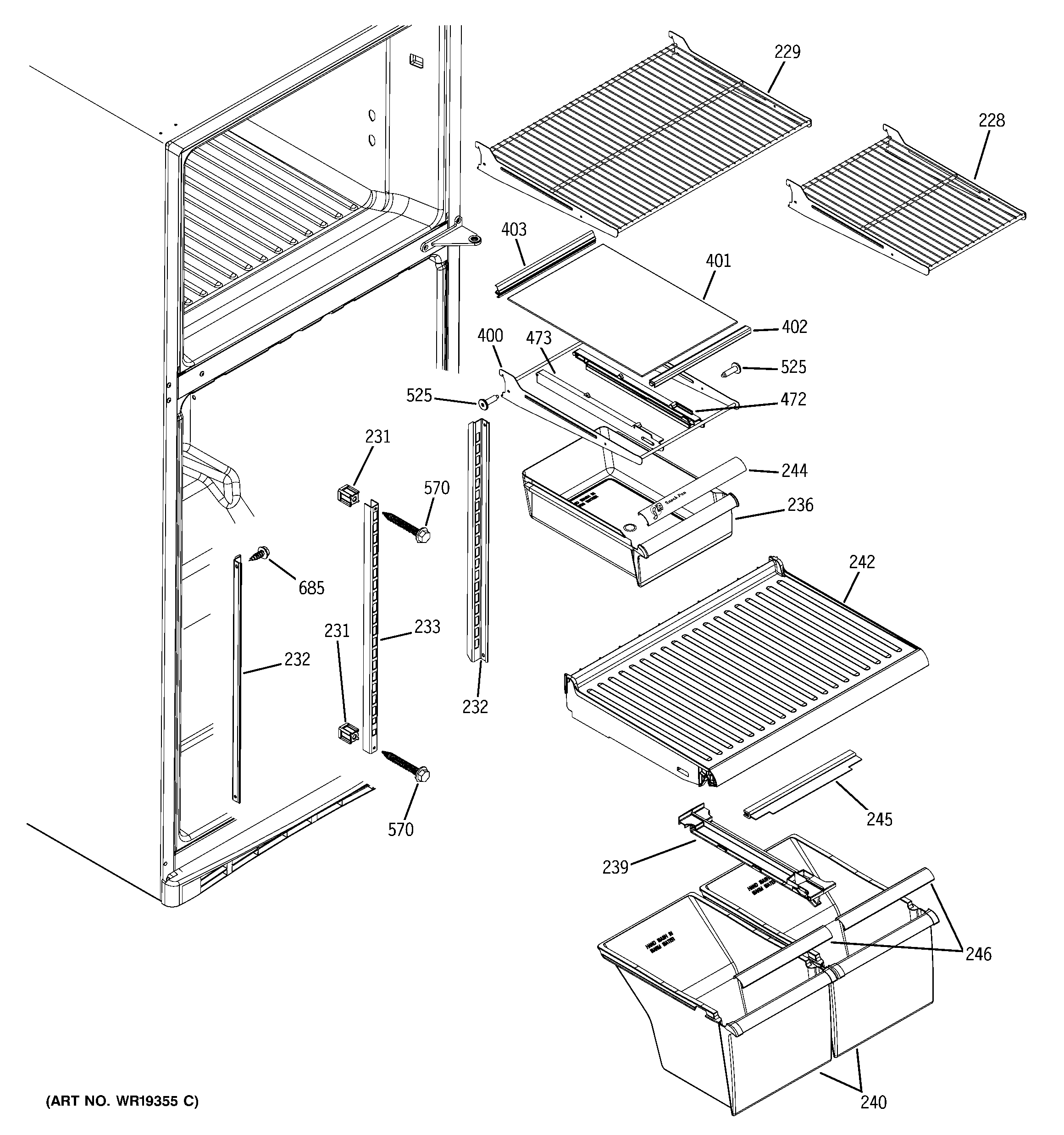 GE GTH18DBRALWW fresh food shelves diagram