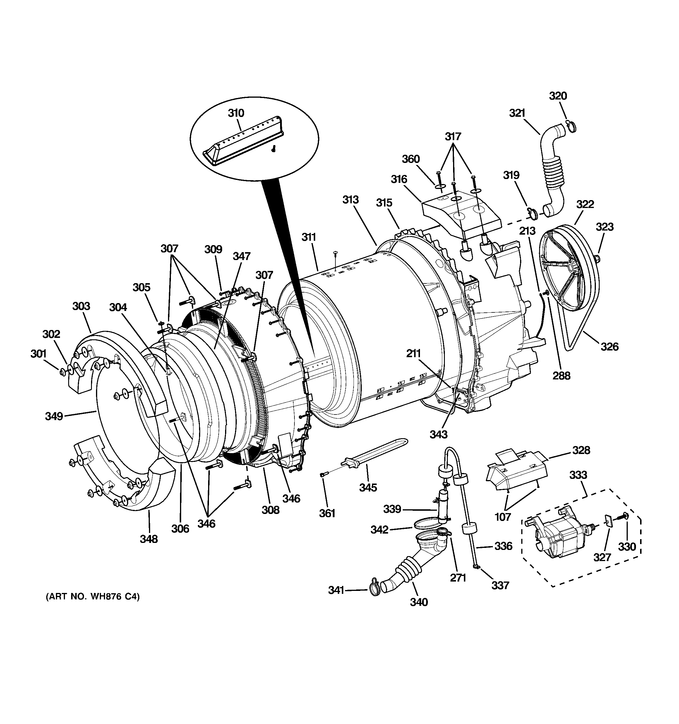 GE WHDVH680J1MS tub & motor diagram