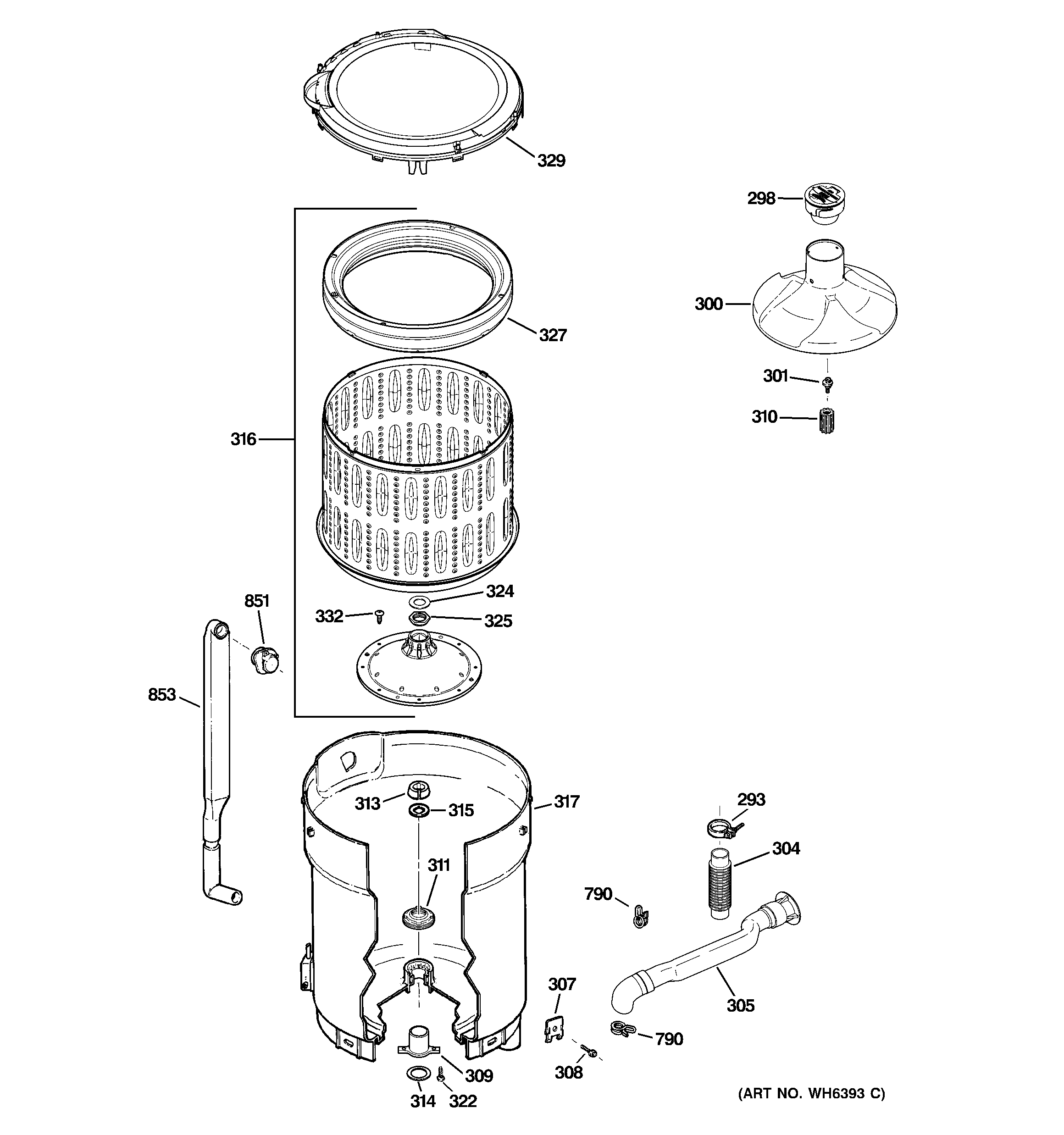 GE WPRE6150K0WT tub, basket & agitator diagram