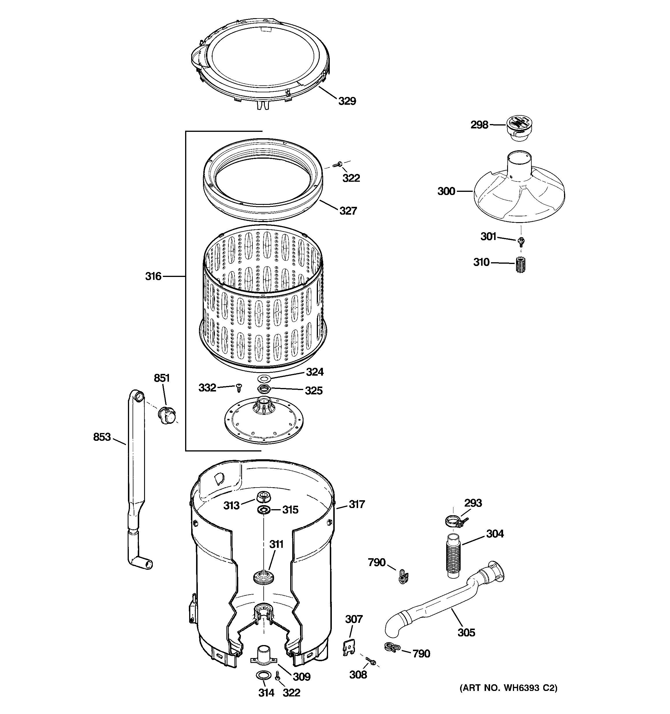 GE WPRE8150K2WT tub, basket & agitator diagram