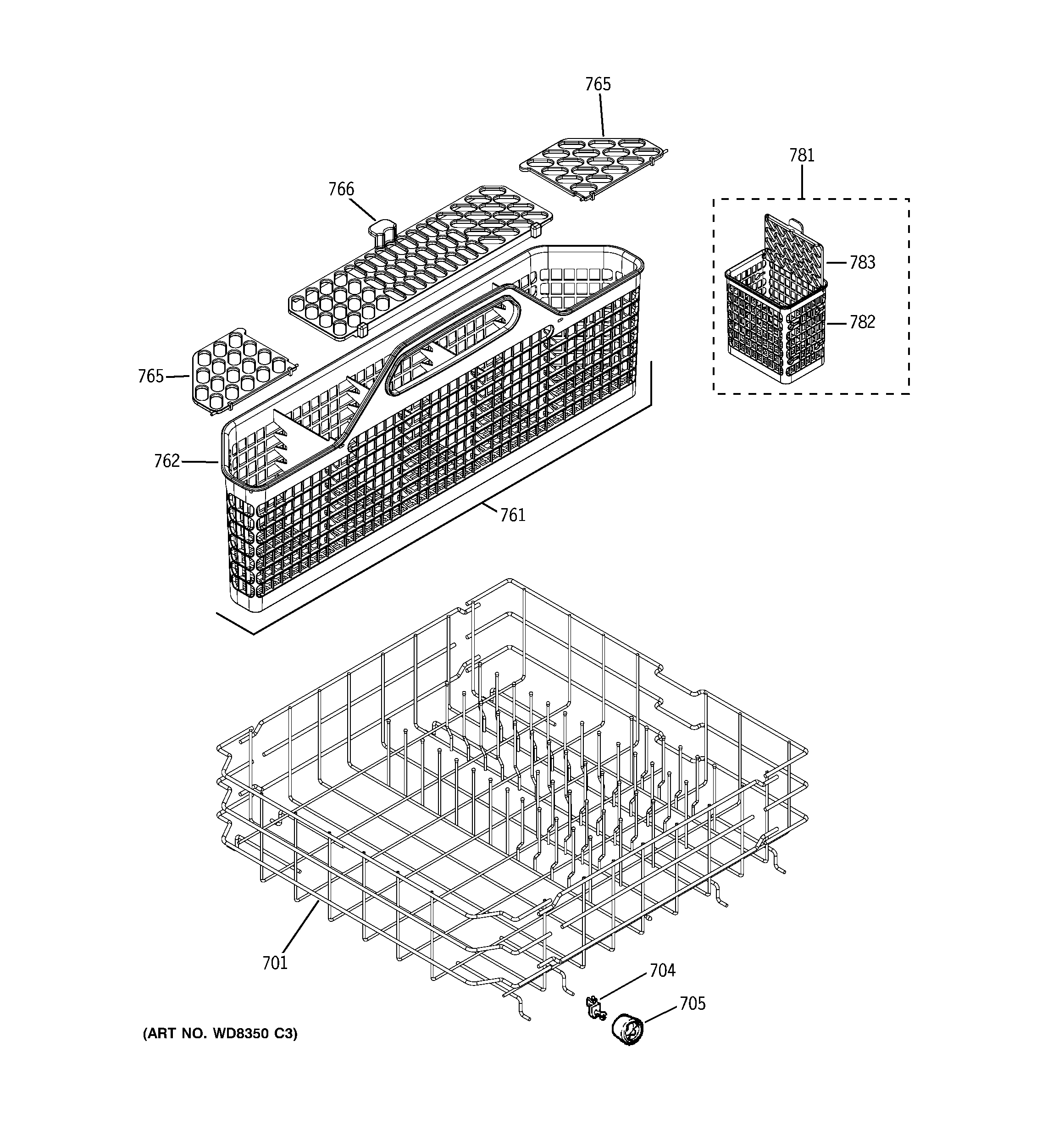 GE GLD4468R00SS lower rack assembly diagram