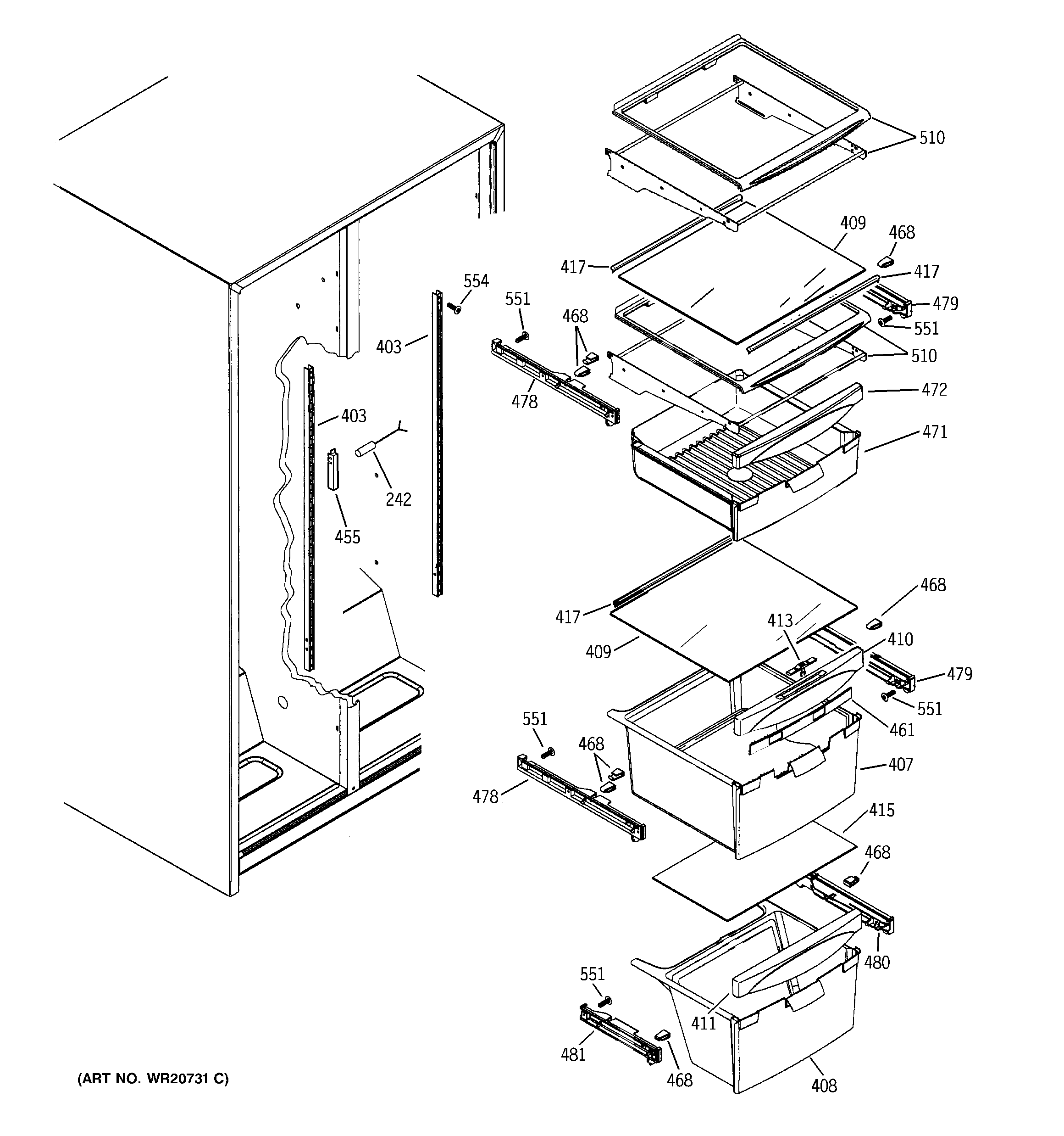 GE GSL25JFXLLB fresh food shelves diagram