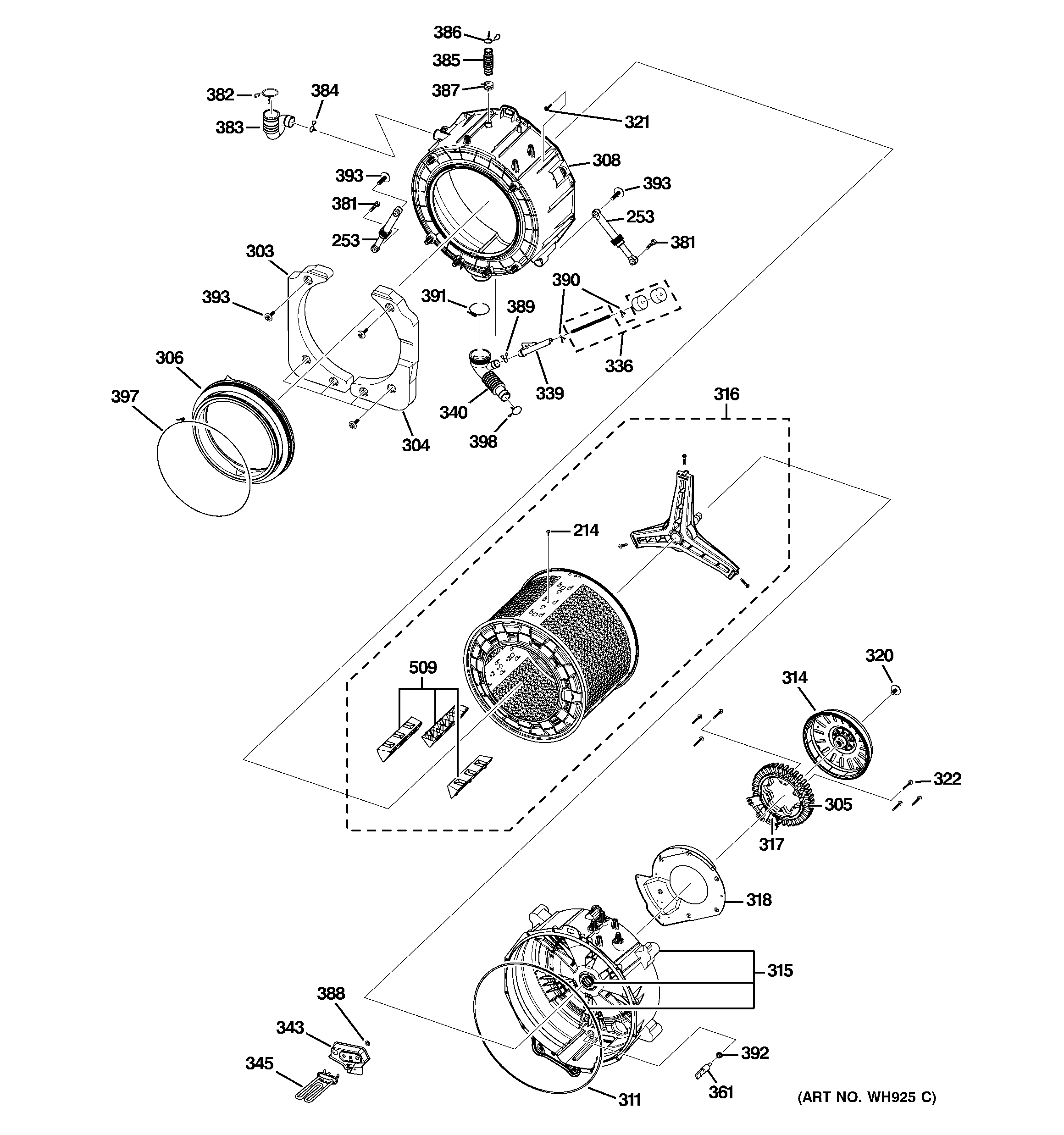 GE WCVH4815K0MS tub & motor diagram
