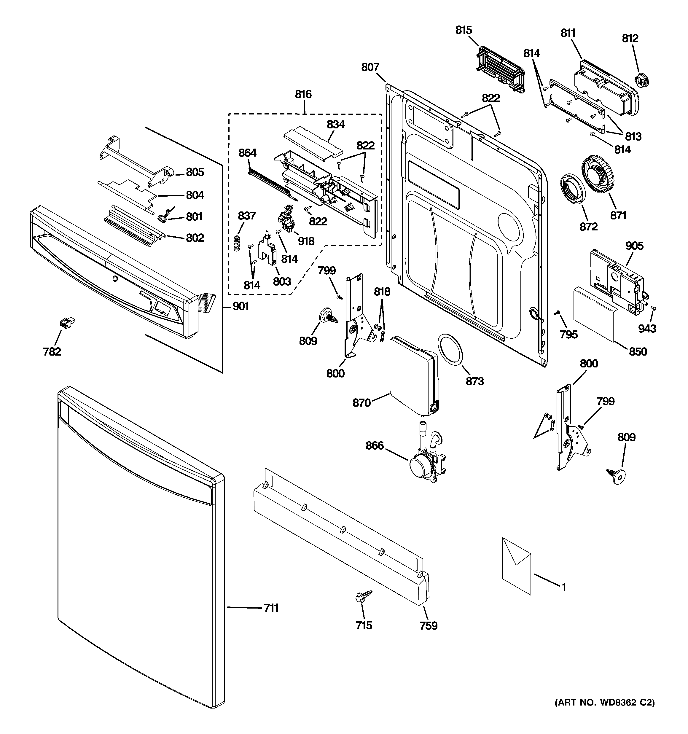 GE PDWF880R10SS escutcheon & door assembly diagram