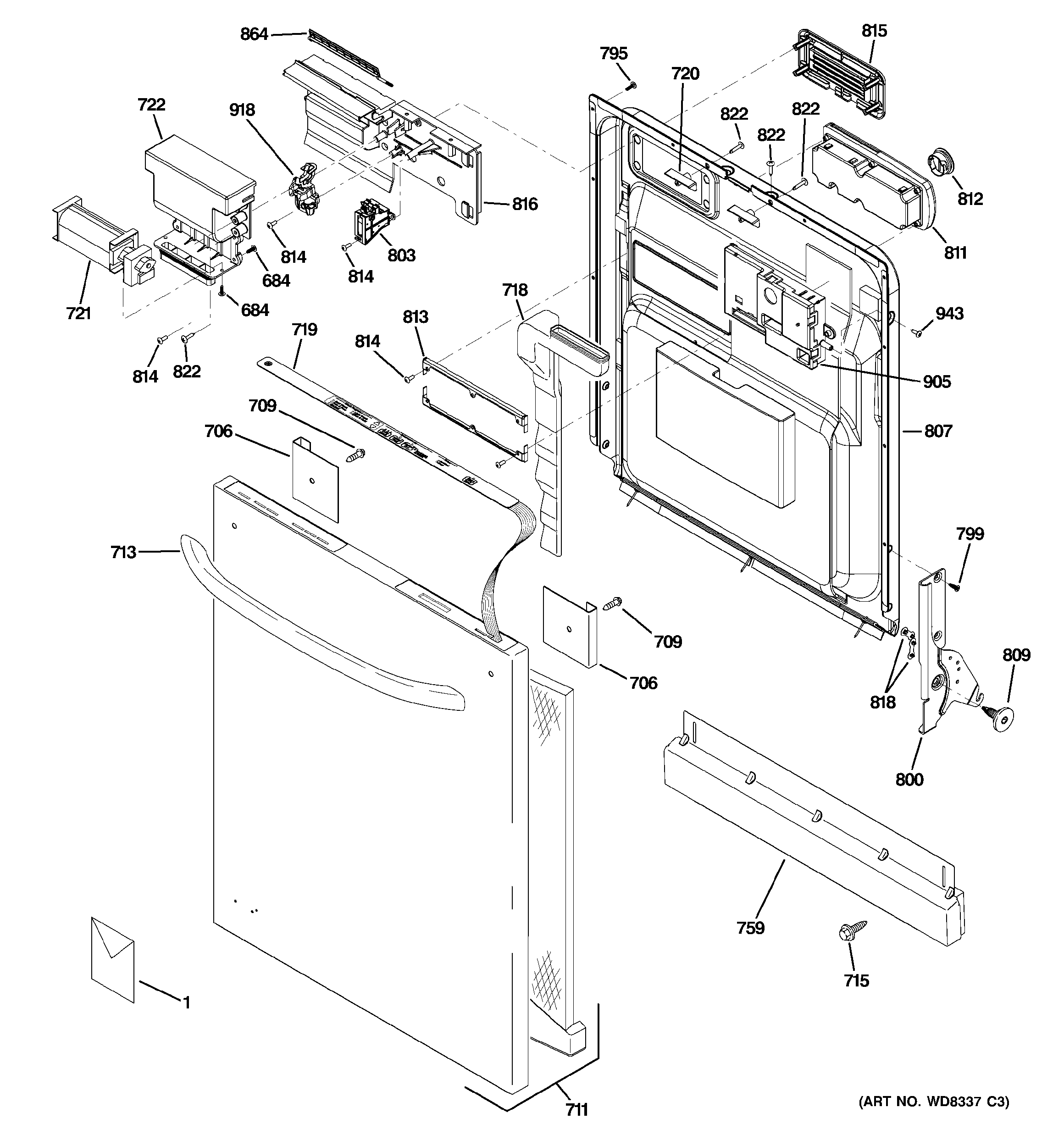 GE GDWT100R10WW escutcheon & door assembly diagram