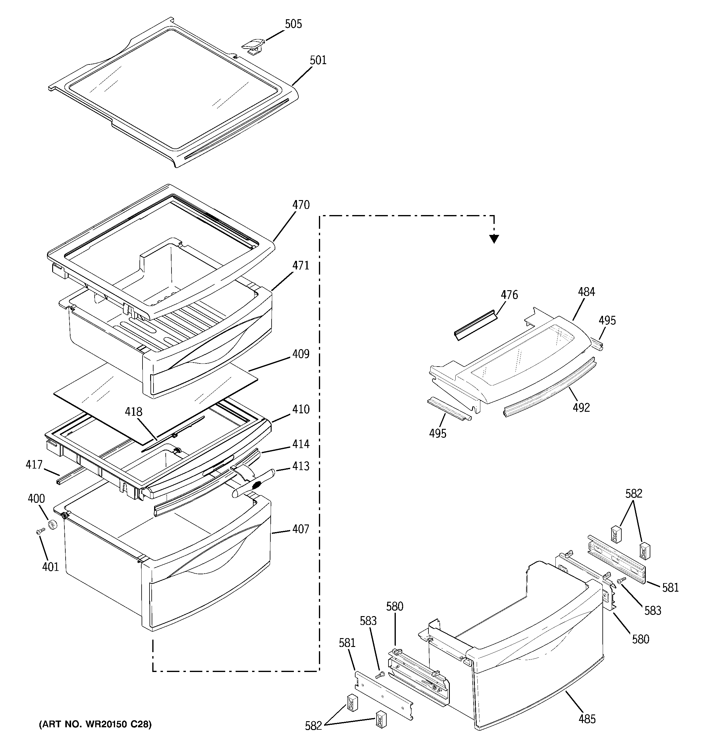 GE GSE29KGYBCSS fresh food shelves diagram