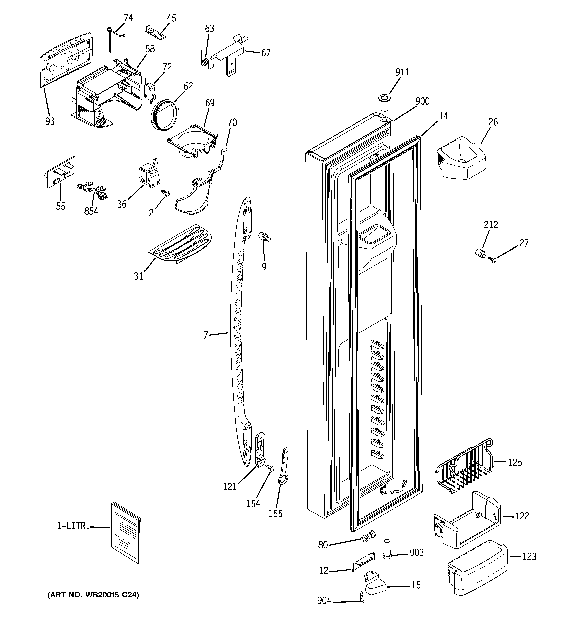 GE PHE25TGXBFBB freezer door diagram