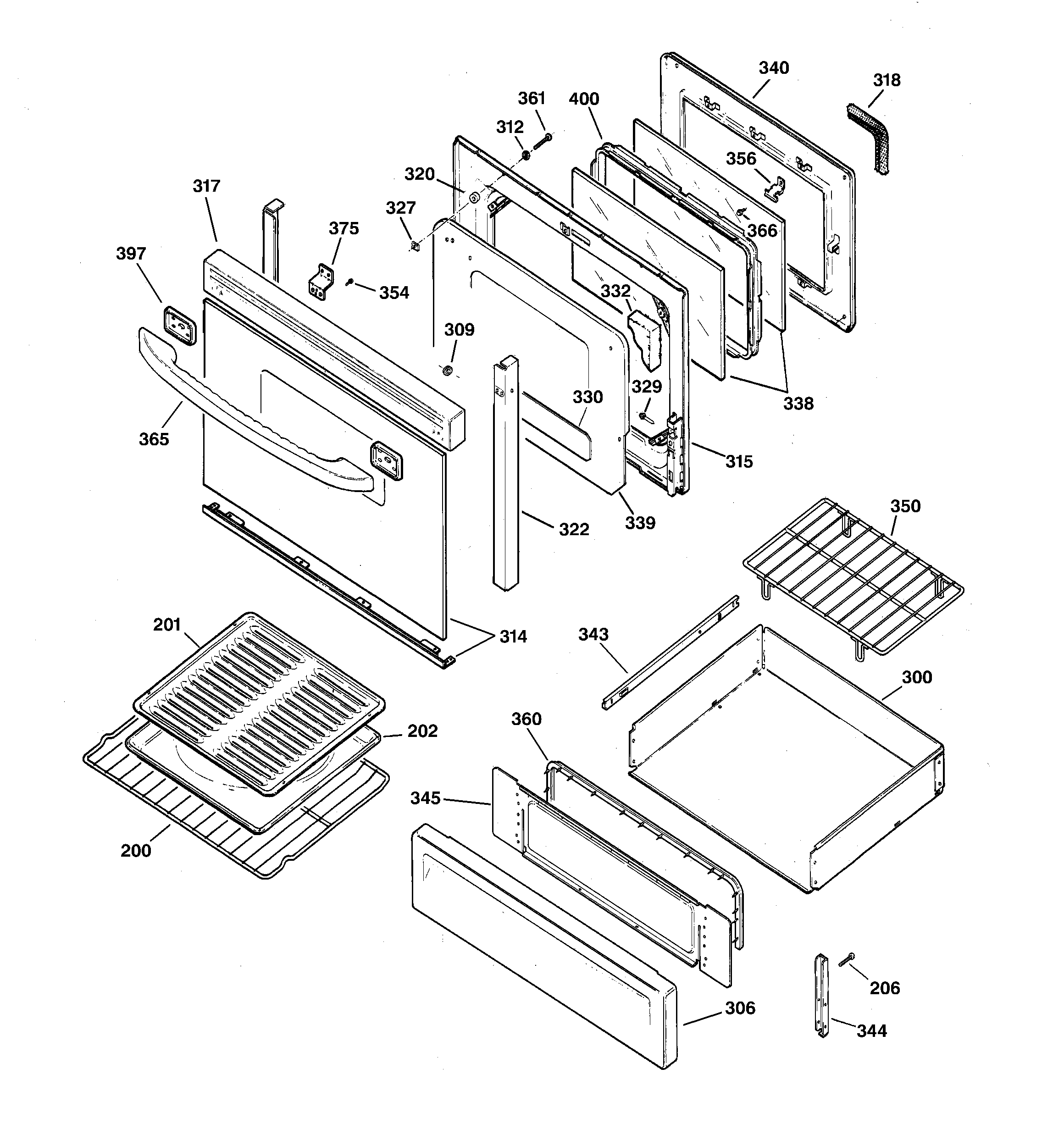 GE JGBP85BEB2BB door & drawer parts diagram