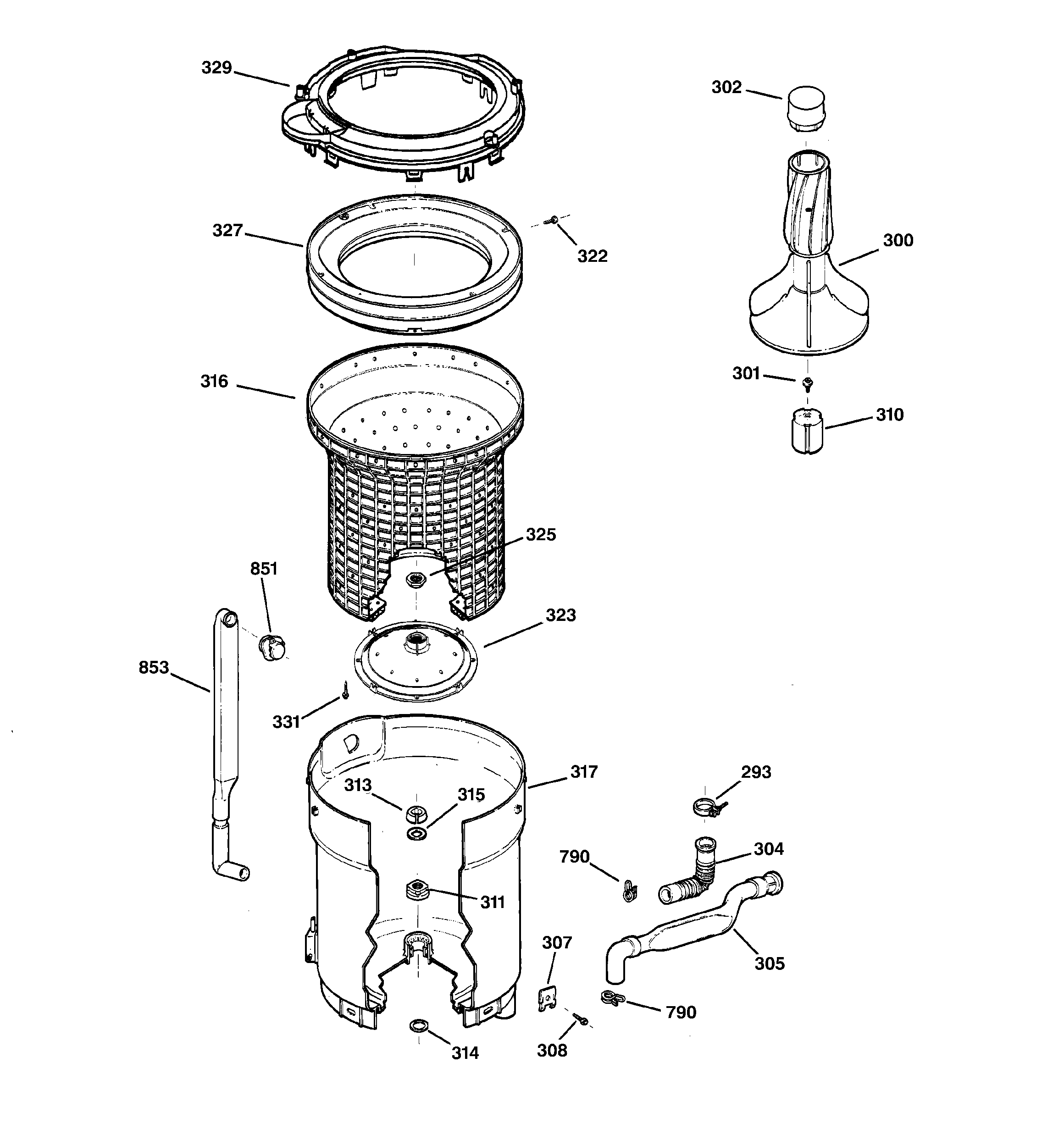 GE WVSR1060A2AA tub, basket & agitator diagram