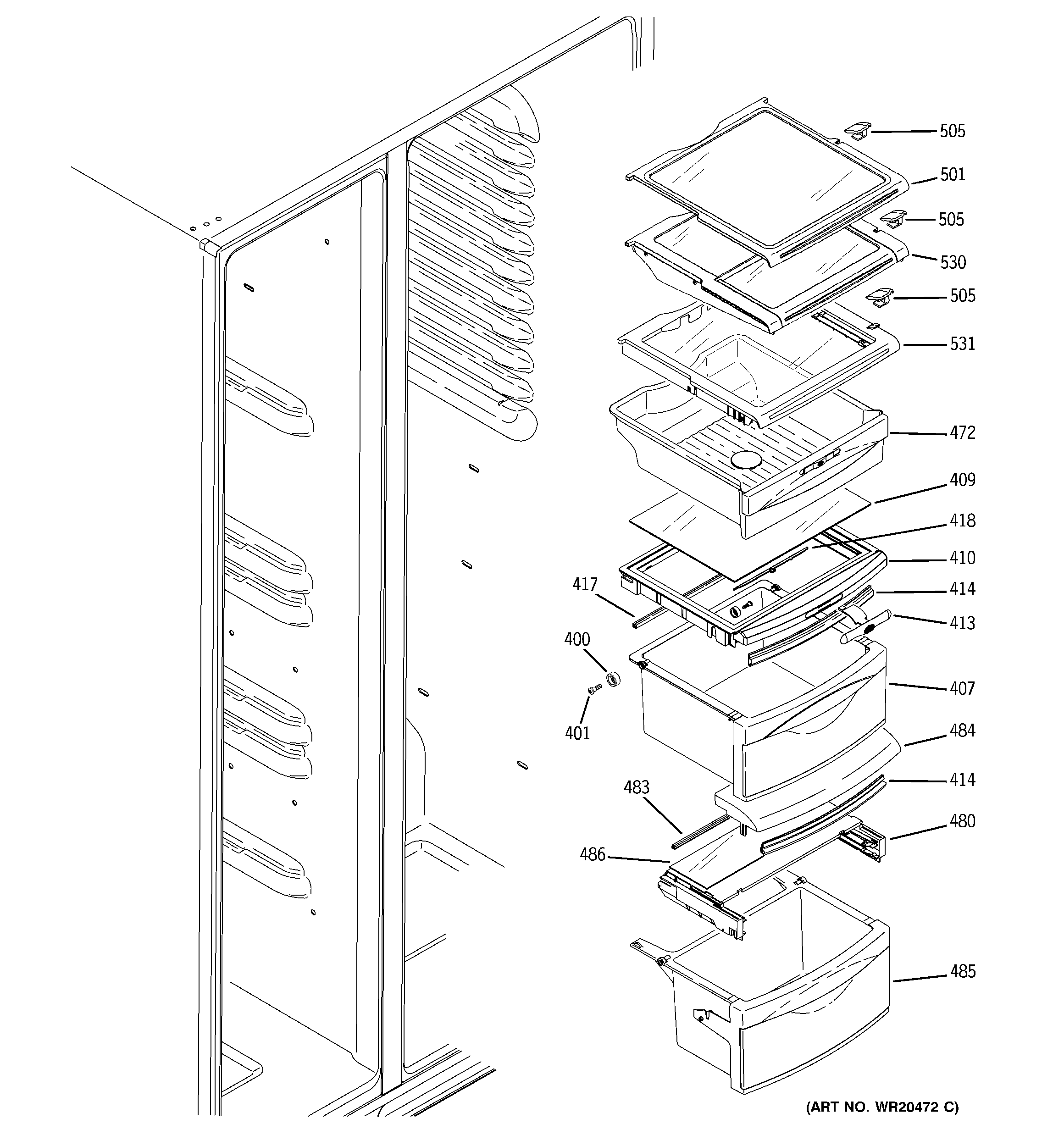 GE GSHS6LGZBCSS fresh food shelves diagram