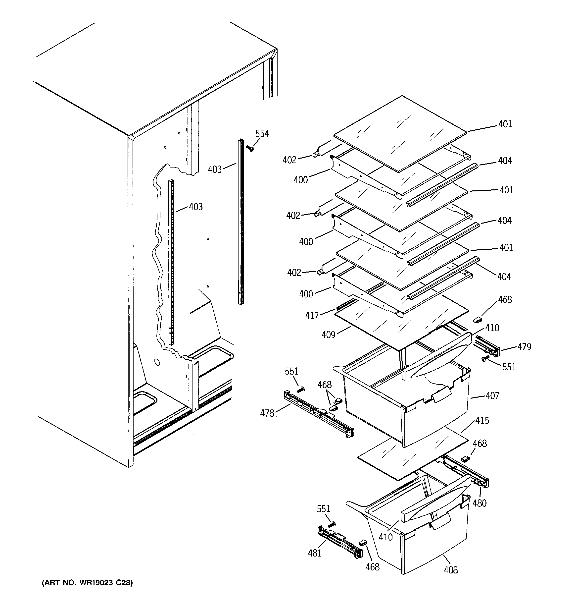 GE GSS25GFXNWW fresh food shelves diagram