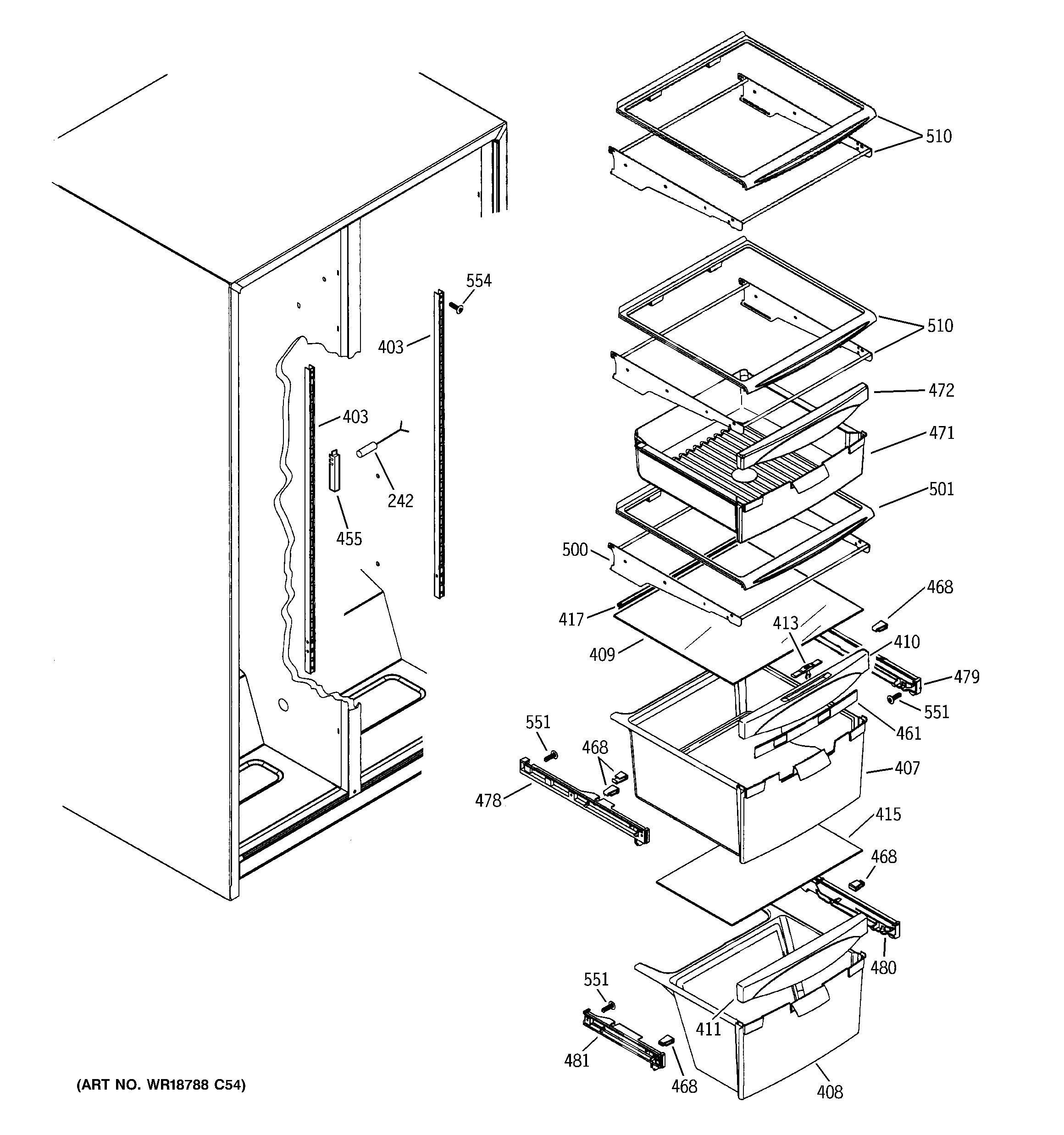 GE ESH25JSXJSS fresh food shelves diagram