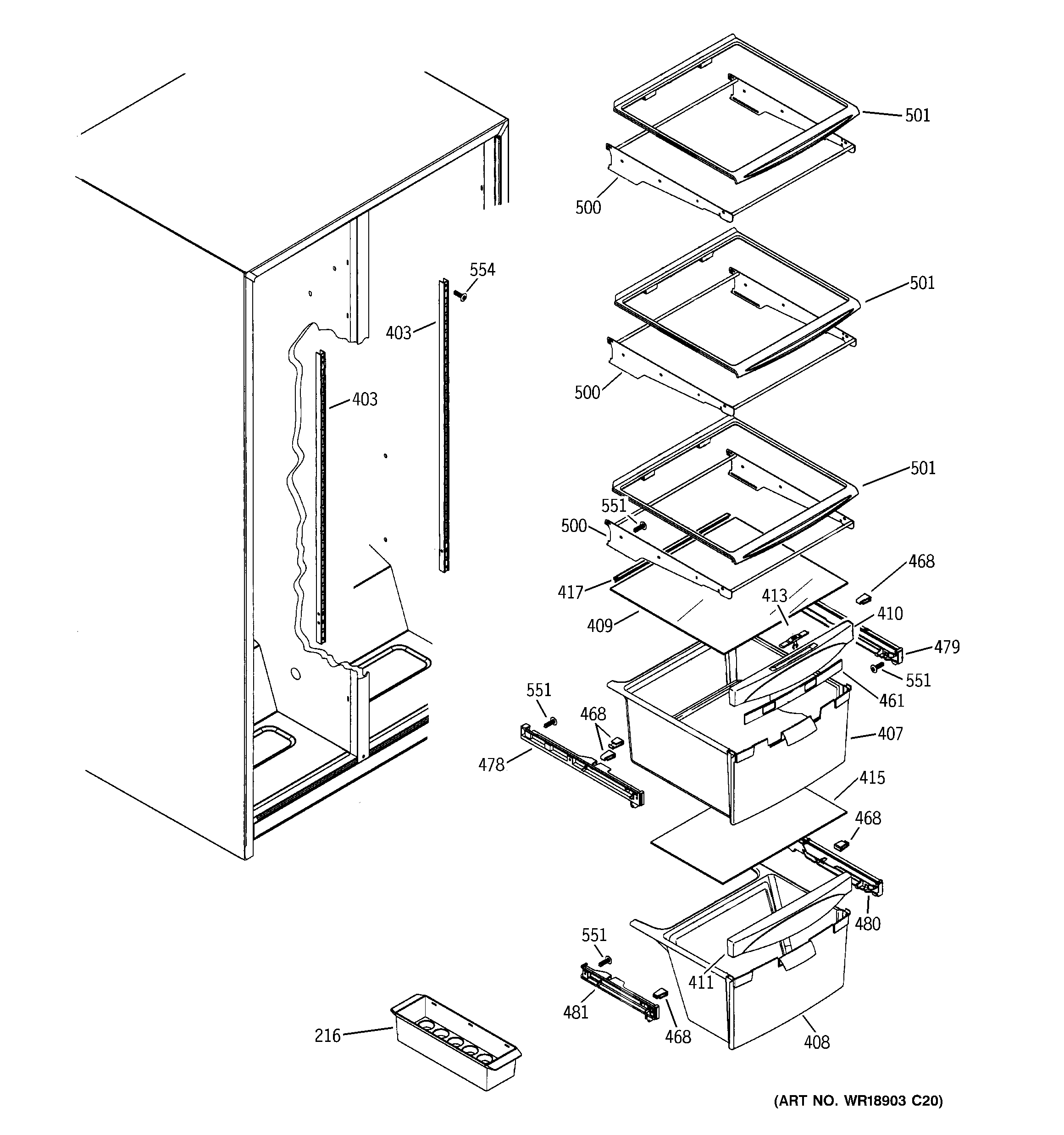 GE GSE22KEWJFSS fresh food shelves diagram