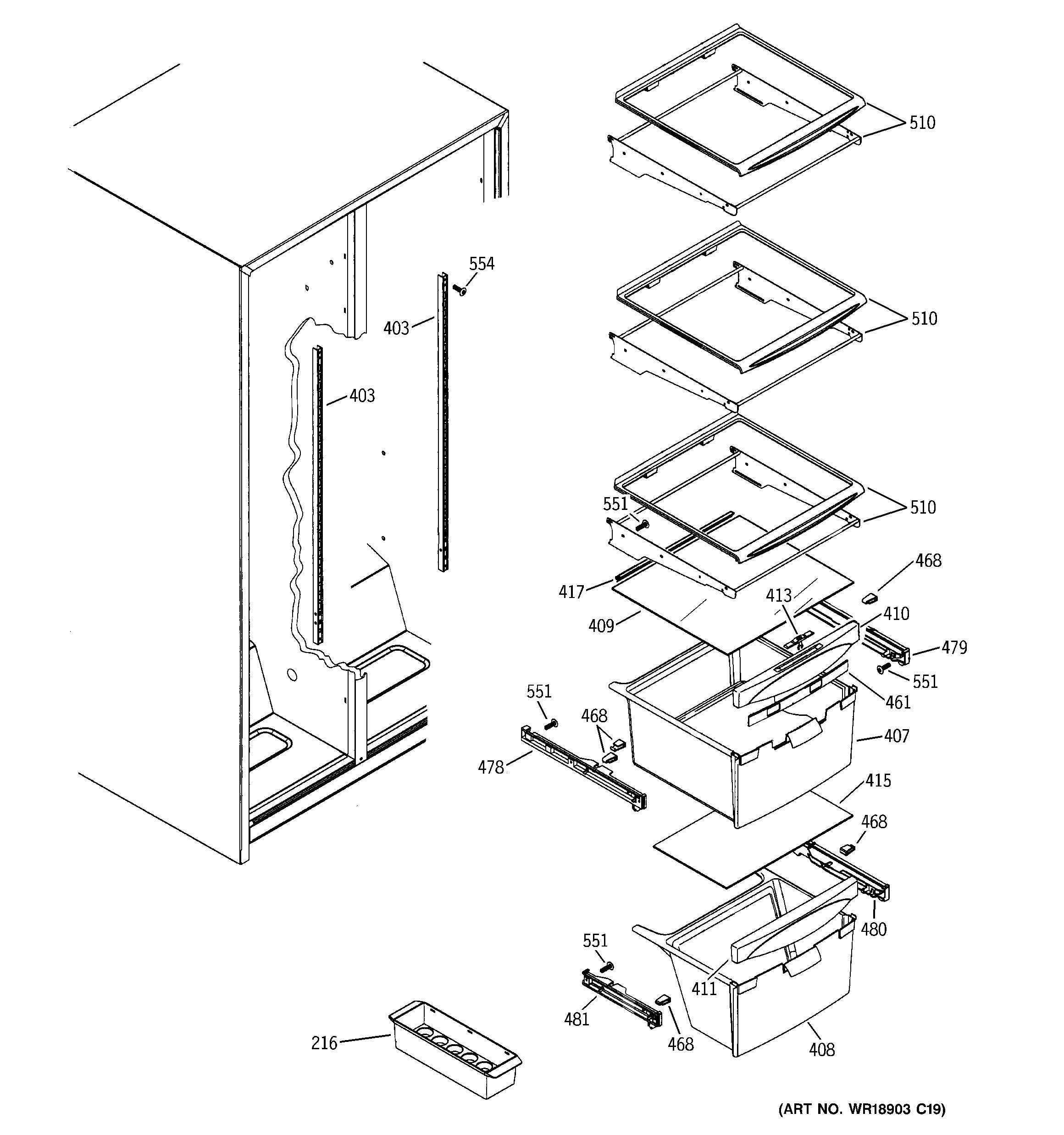 GE GSE22KEWNFSS fresh food shelves diagram