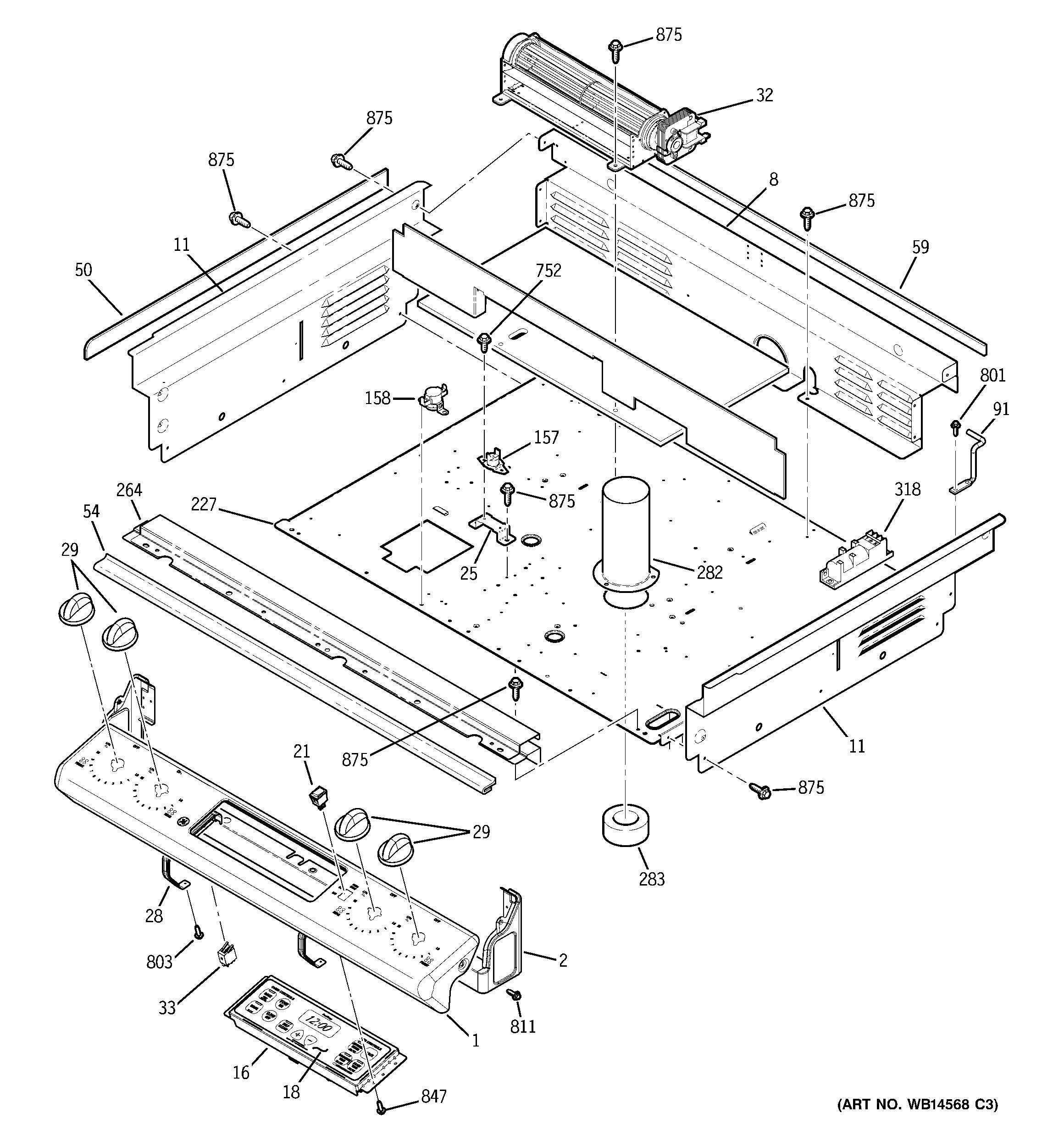 GE JGSP28DEN2BB control panel & cooling fan diagram
