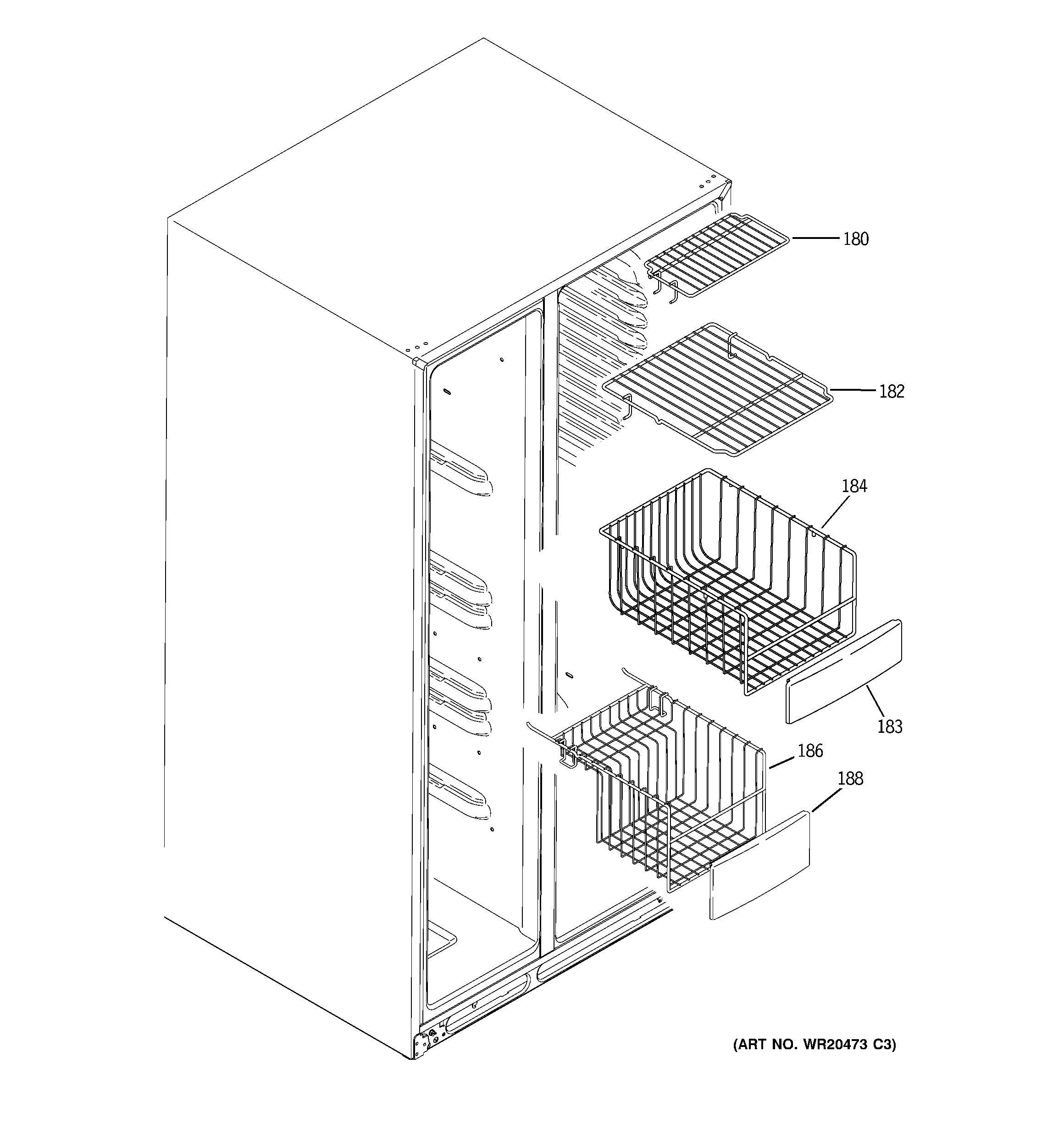 GE GWU23LGYAFSS freezer shelves diagram