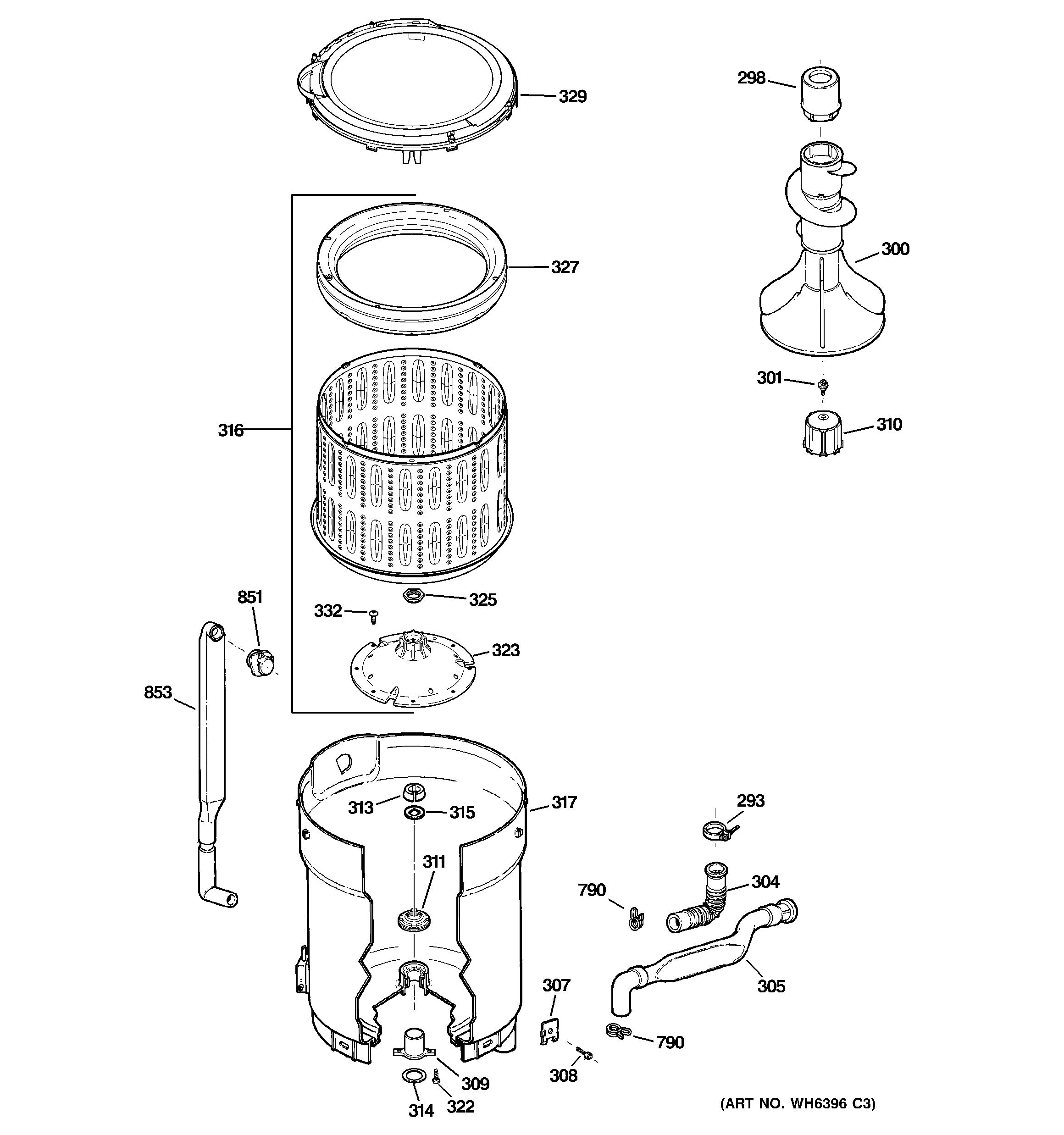 Hotpoint HTAP1000M0WW tub, basket & agitator diagram