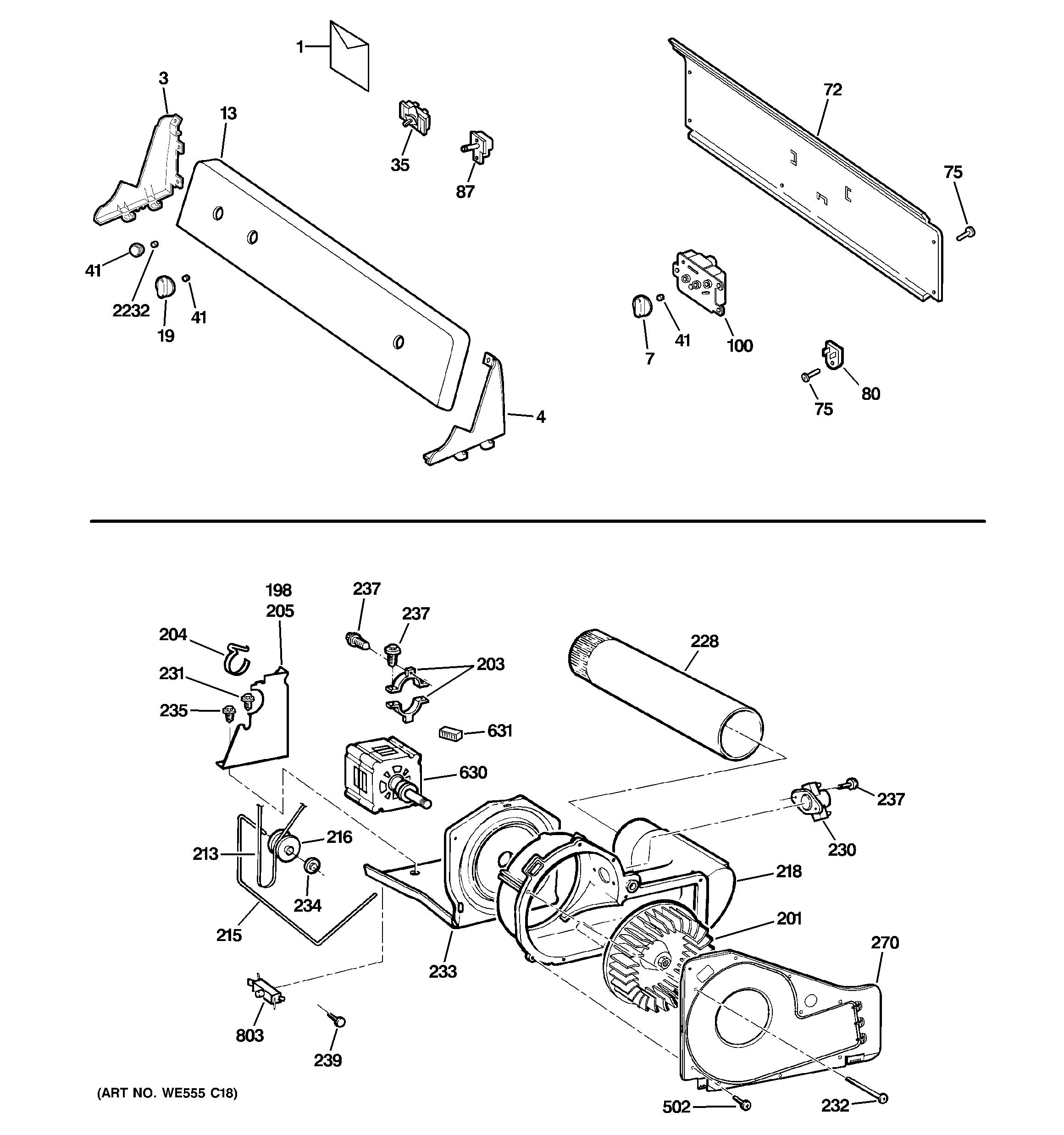 GE GHDX100EM0WW backsplash, blower & motor assembly diagram