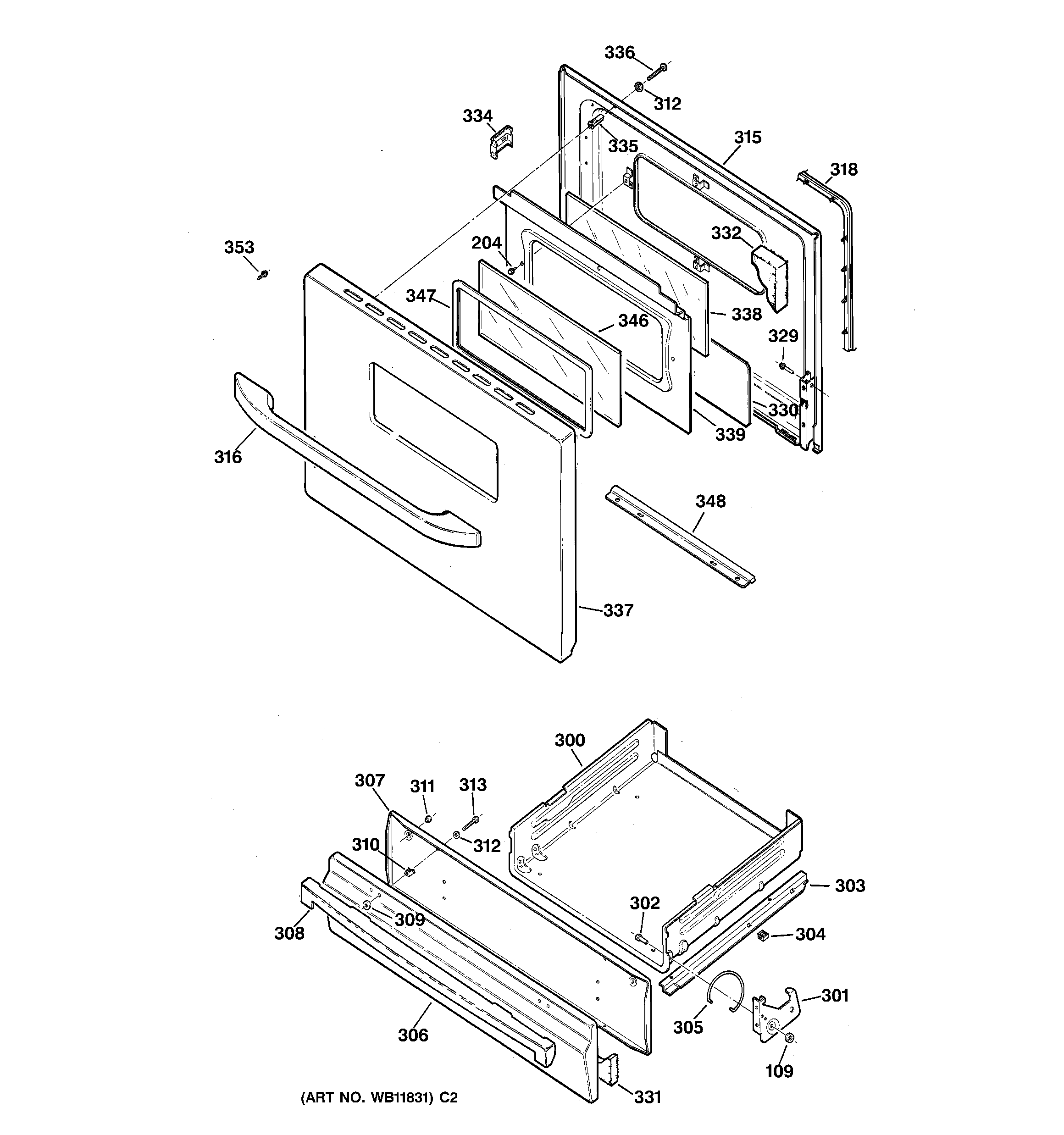 GE JGBC17PEA2AD door & drawer parts diagram