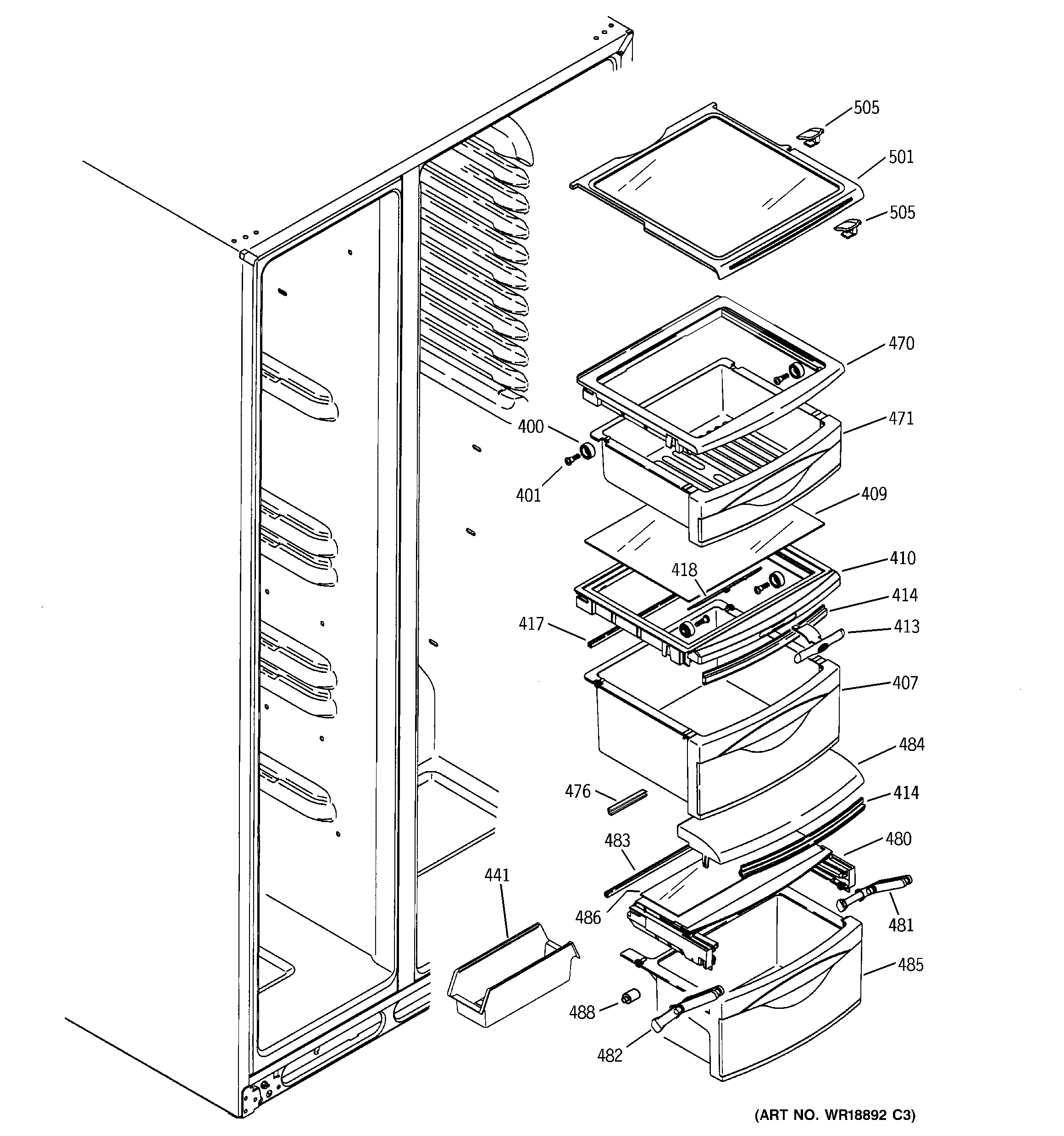 GE GSS25TGMBCC fresh food shelves diagram